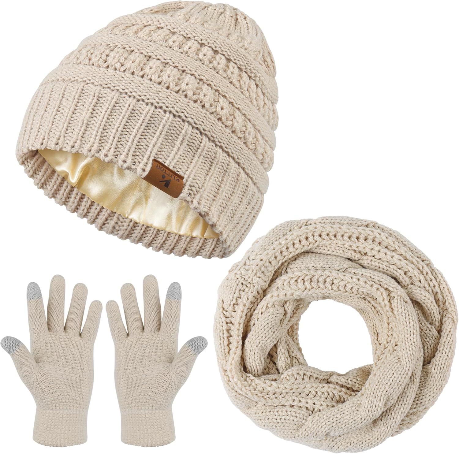 KUTTOR Winter Beanie Hat Scarf Gloves Set Warm Knit Fleece Touchscreen Gloves Neck Scarf Set Adult Winter Gift for Men Women