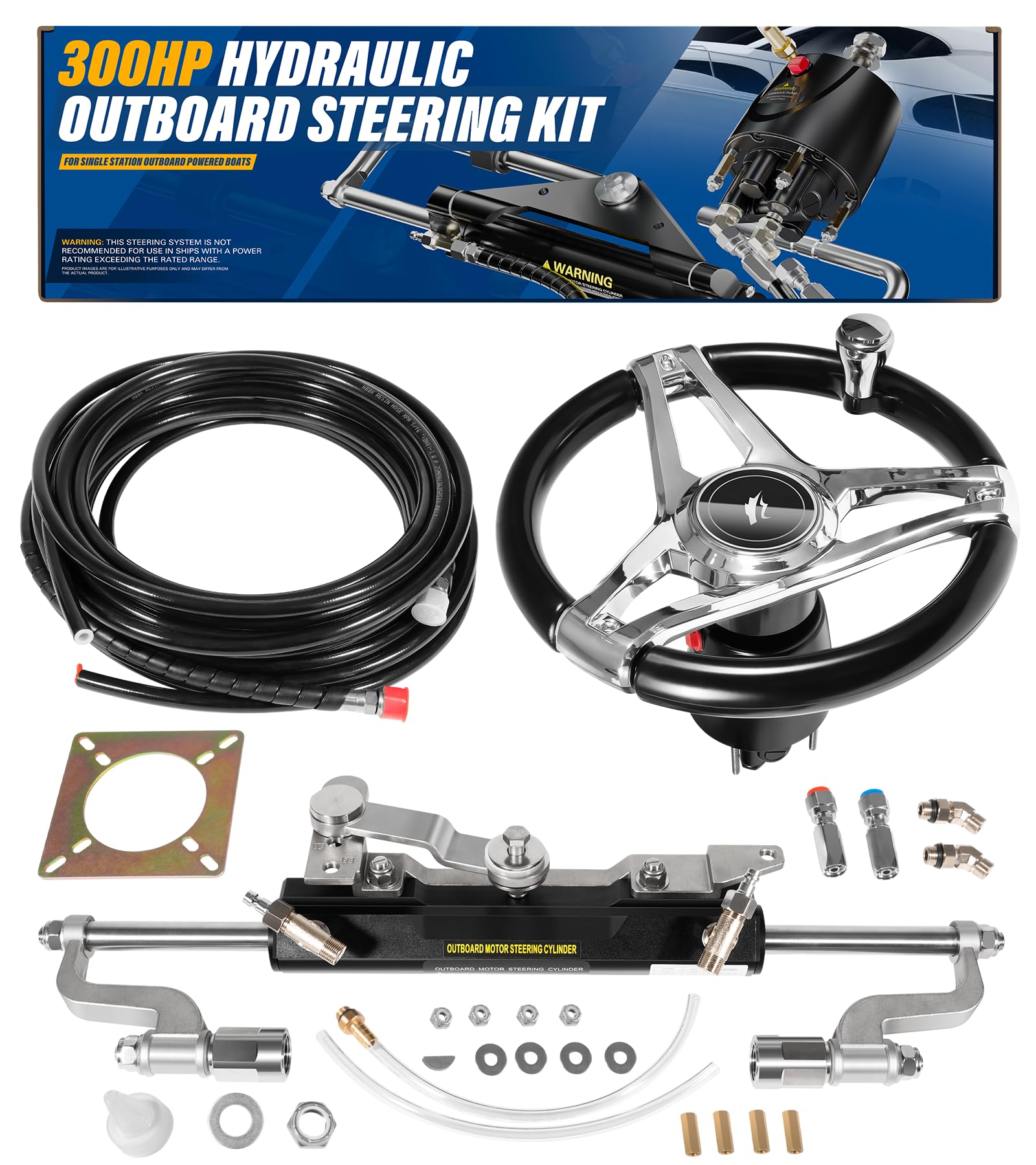Photo 1 of ??????? 300HP Hydraulic Outboard Steering Kit, Marine Boat Steering System with Electroplated Steering Wheel, Helm Pump, Hydraulic Cylinder, 26ft PU Hoses, for Most Single Outboard-Powered Boat