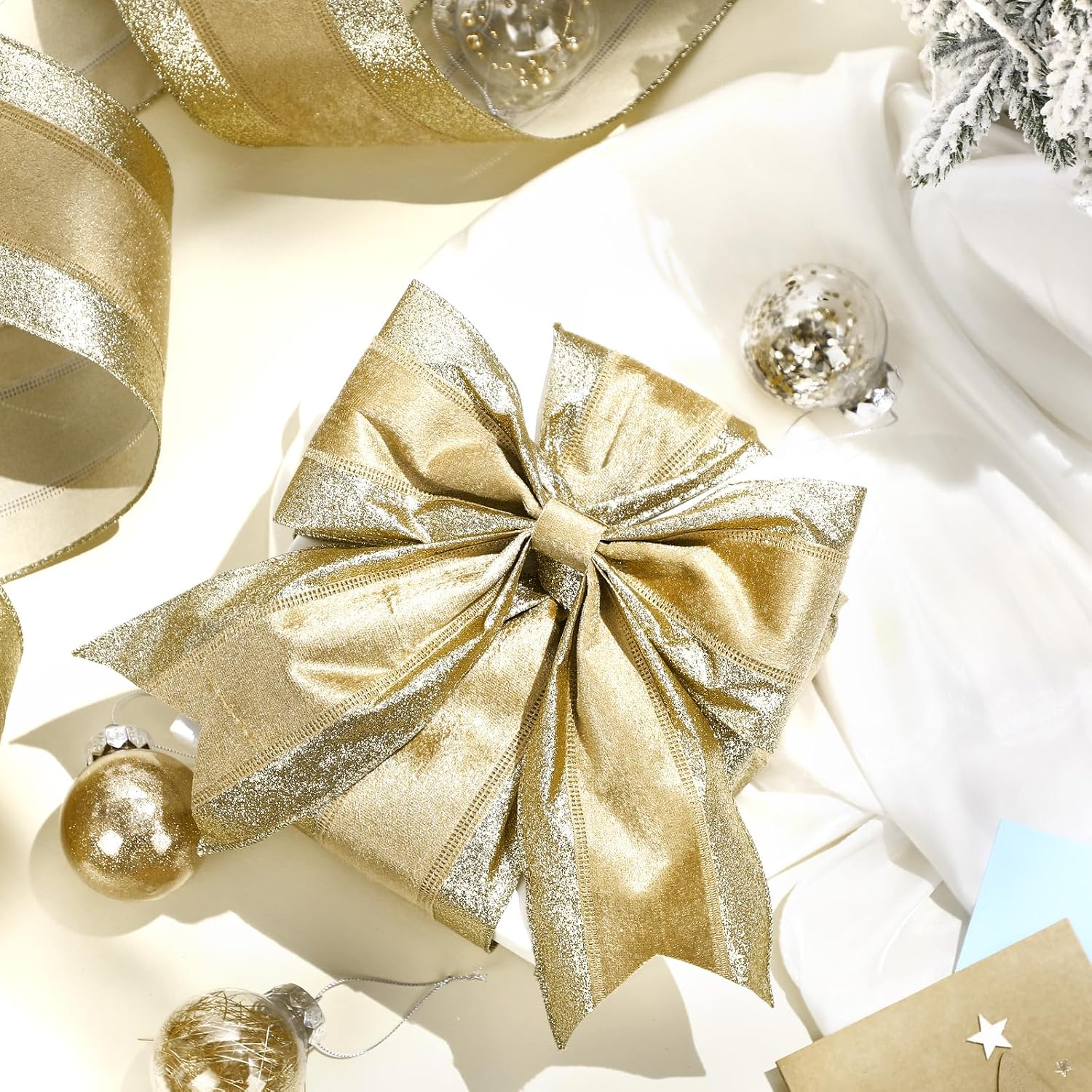 Craftsatin Christmas Glitter Wired Ribbon 4 Inch Wide Stripe Wired Edge Ribbon Holiday Fabric Ribbons for Decor Gift Wrapping Bows Xmas Tree Wreath Garland DIY Crafts (Gold,20 Yard)