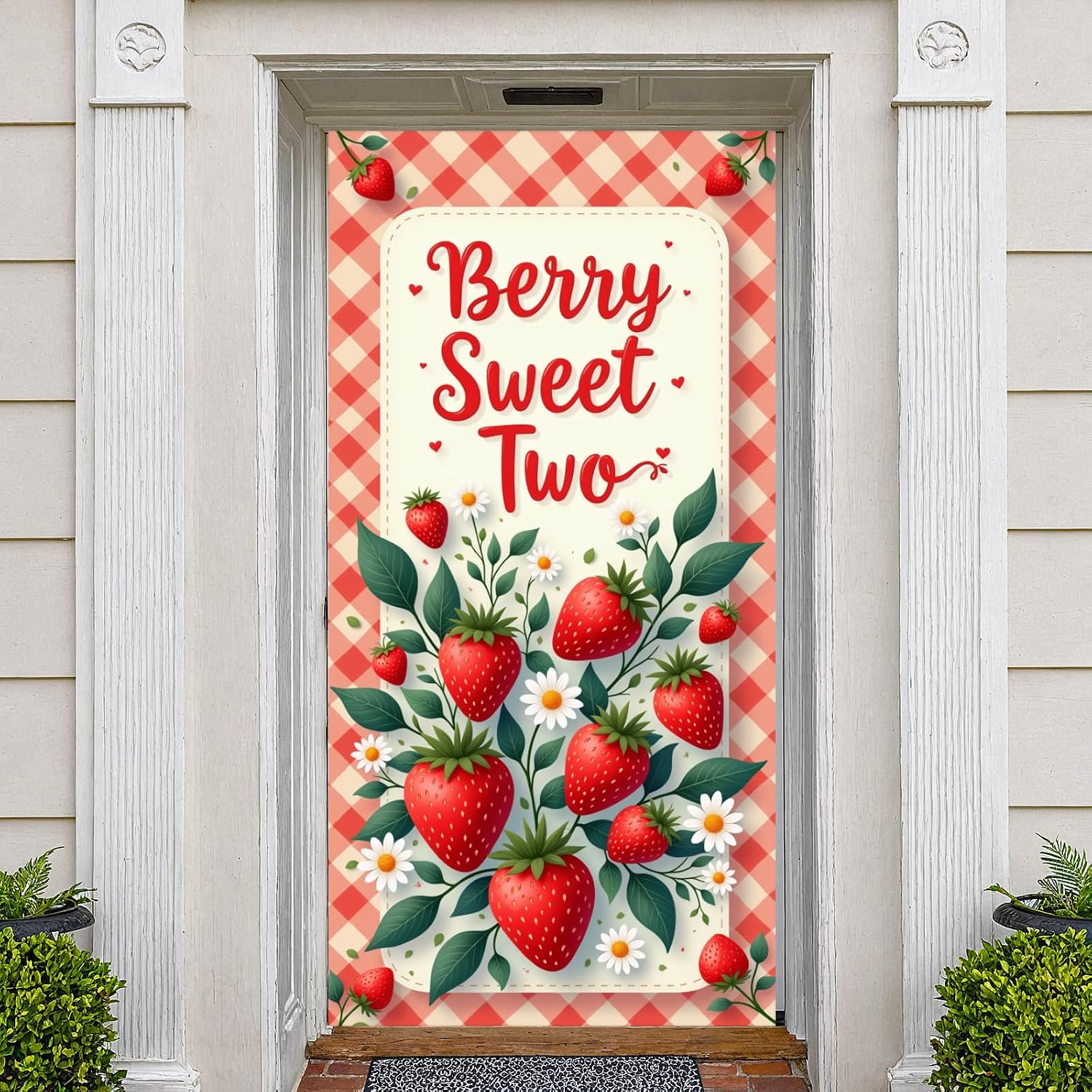 Strawberry 2nd Birthday Party Decorations, Berry Sweet Two Door Cover Fruit Berry 2nd Birthday Door Banner for Baby Girl Sweet Two Year Old Birthday Party Supplies, 70.8 * 35.4 inch