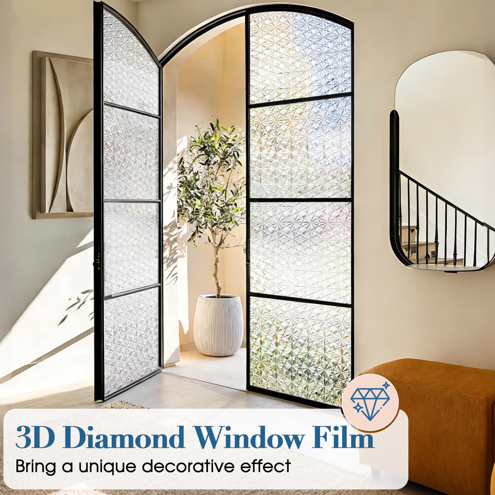 Windimiley 3D-Diamant-Milchglas-Fenster-Sichtschutzfolie, statisch haftend, kein Kleber, entfernbares Vinyl, UV-blockierend, Hitzekontrolle, mietfreundlich, dekorative Abdeckung für Badezimmer