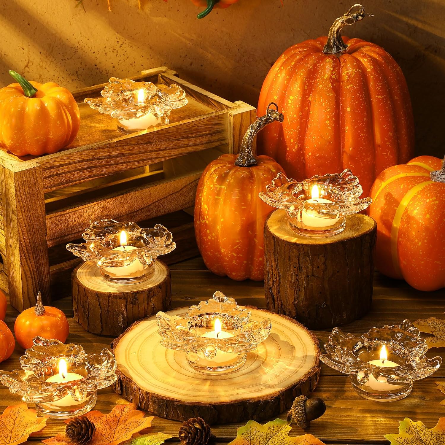 6 Pcs Fall Thanksgiving Glass Candle Holders Maple Leaf Tealight Candle Holders Autumn Table Centerpiece Decor Candlestick for Home Tabletop Party Mantel Decoration Thanksgiving Party Favor