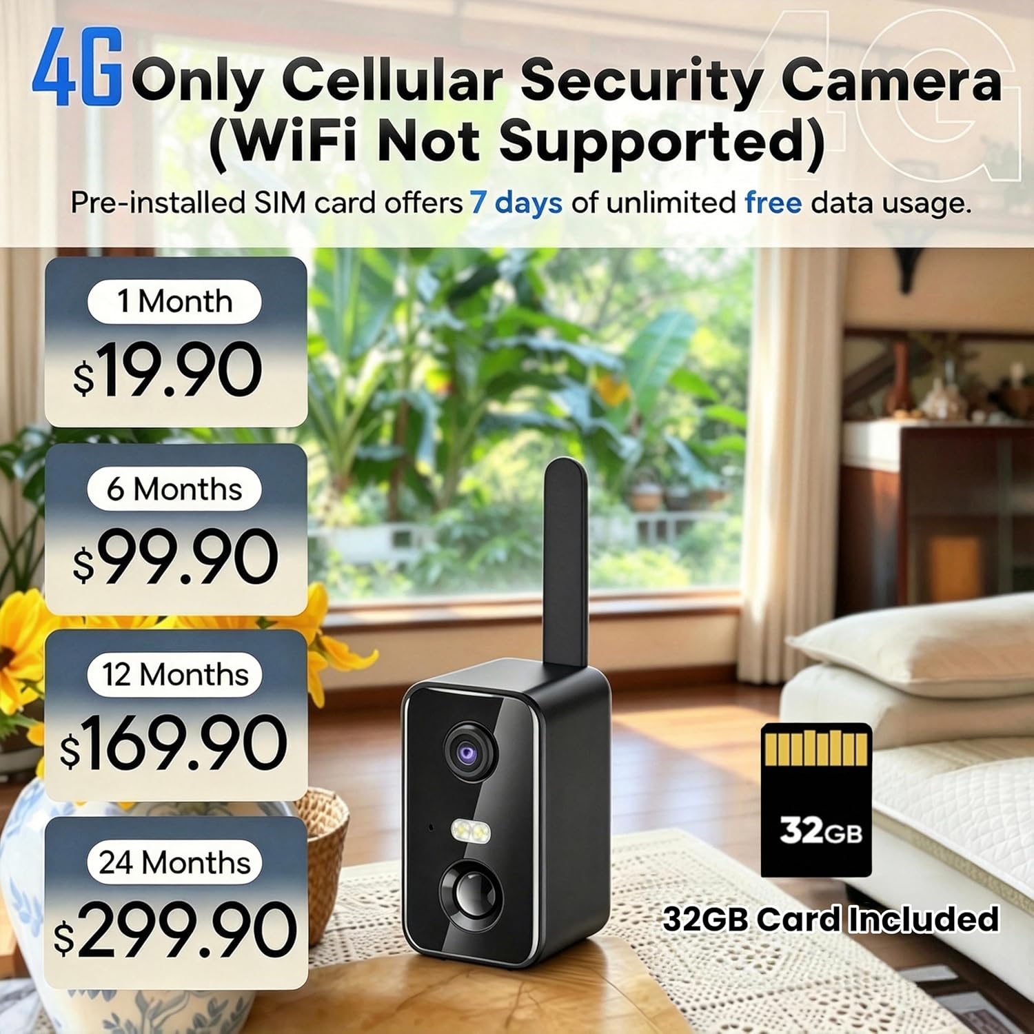 No WiFi Security Camera, 4G LTE Cellular Security Camera Battery Powered with SIM Card & Memory Card, 2K Color Night Vision, Motion Detection, 2-Way Talk, Solar Camera Outdoor Wireless