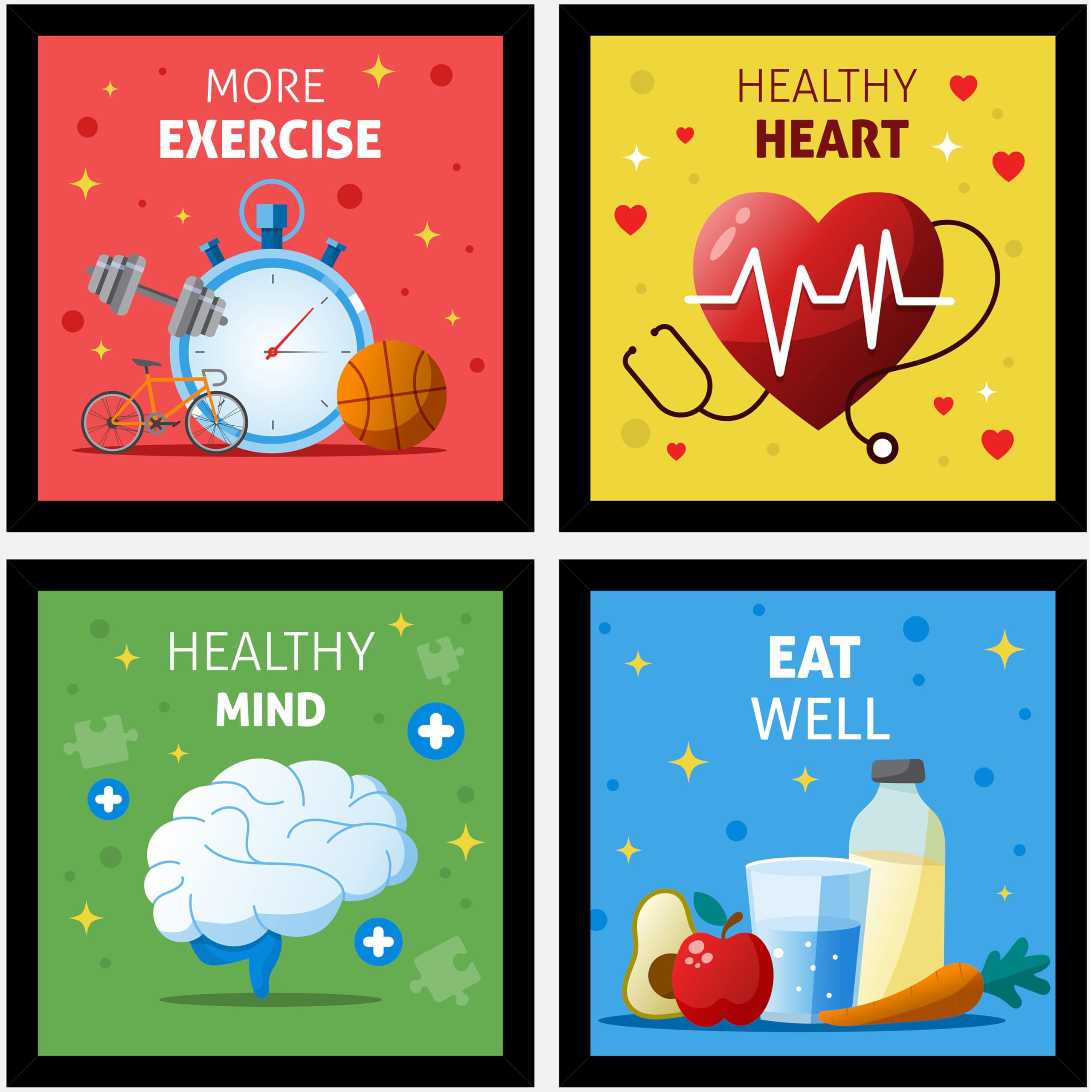 AR Creative More Exercise, Healthy Hreat, Healthy Mind, Eat, Health for Mind Clinic, Hospital Quotes, Health Quote Framed Wall Poster, Inspirational Quotes, Print with Frame, Home, Office Decor (10 inch x 10 inch), Set Of 4-image-25