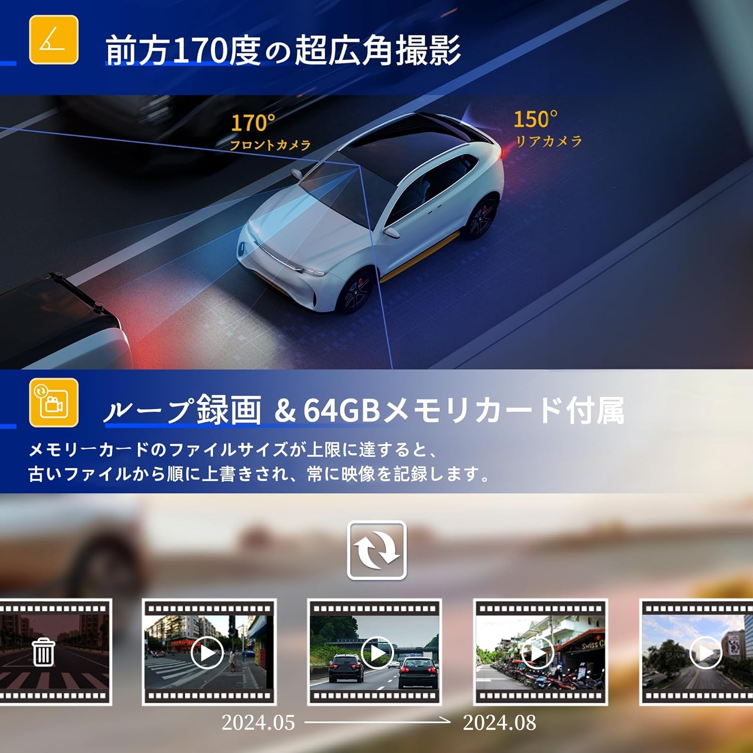 Pelsee ドライブレコーダー 前後カメラ 4K UHD 800万画素 高感度センサー 超広角170° Ｇセンサー搭載 衝撃録画 リアカメラ360° 回転 駐車監視機能 全国LED信号機対応 1.5インチ液晶画面 Type-C電源 64GBカード付属 日本語説明書 ドラレコ Dash Cam Front and Rear