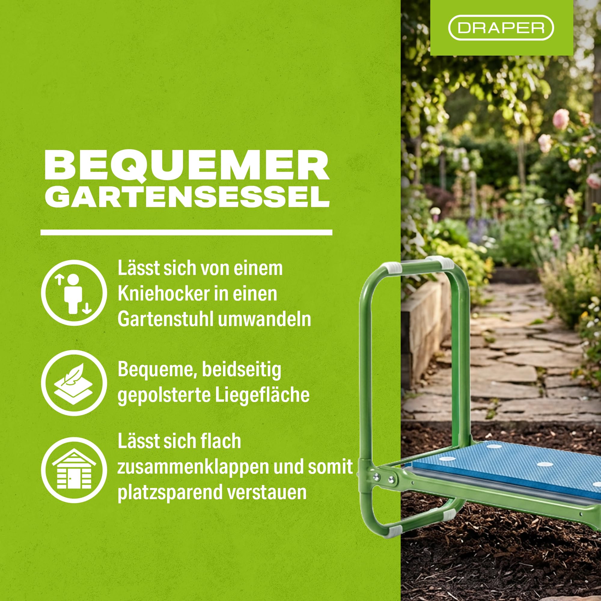 Draper Tools Klappbarer Gartenkniestuhl und Sitz | Doppelfunktionsbank mit dickem Schaumstoff-Kniepolster, Rohrrahmen, Gartenhocker lässt sich flach zusammenklappen