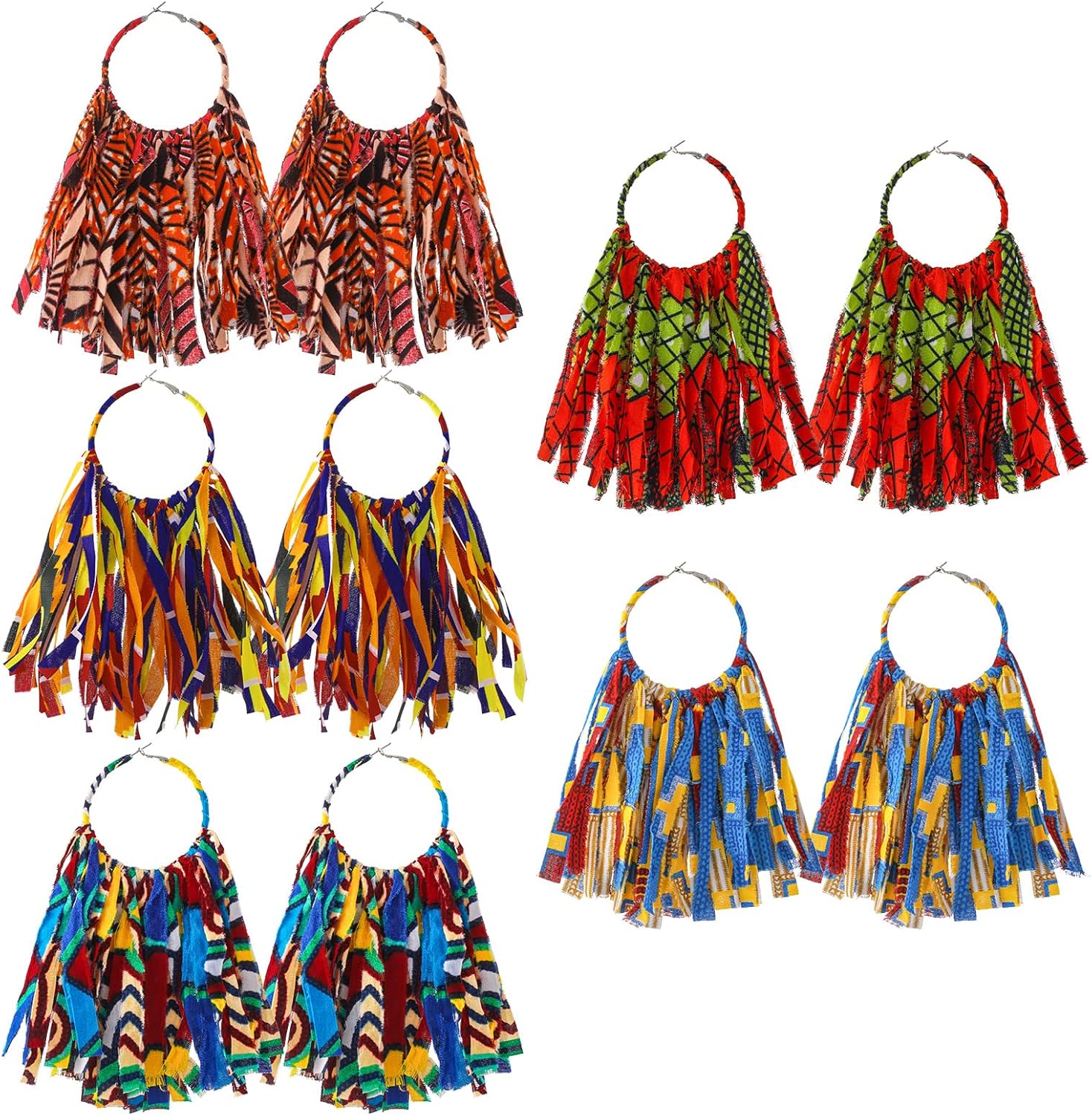 Junkin 5 Pairs Mardi Gras Fabric Tassel Earrings African Jewelry Afrocentric Ankara Fringe Hoop Earrings for Women Costume