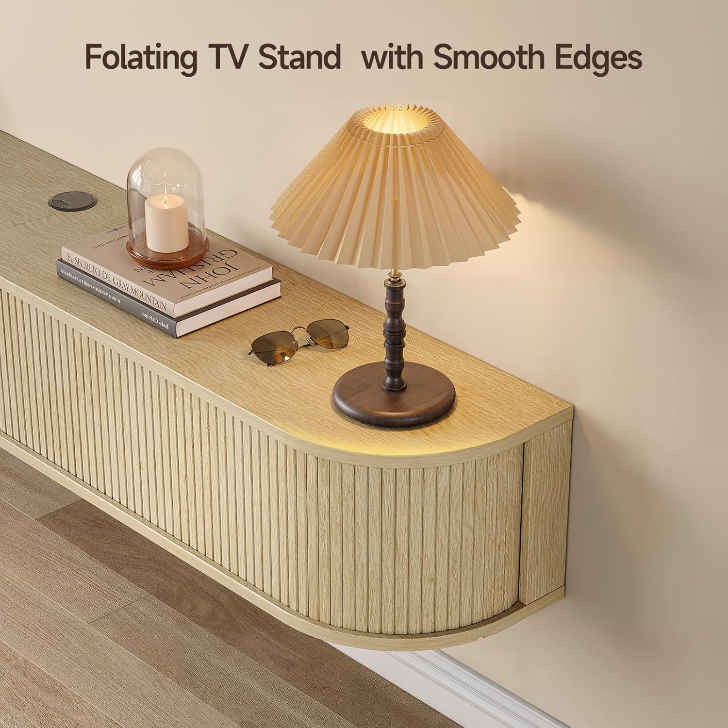 ONBRILL 63" Floating TV Stand with Power Outlet for TVs up to 75", Fluted Entertainment Center with Remote Control for LED Lights, Mid-Century Modern TV Console w/Sliding Door for Living Room, Oak