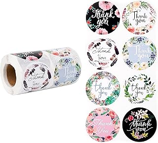 500 Round Thank You Stickers Roll - 8 Floral Designs, Adhesive 2-Inch Thank You Labels for Wedding, Shower Favor, Business, Gift Wrap and Handmade Goods