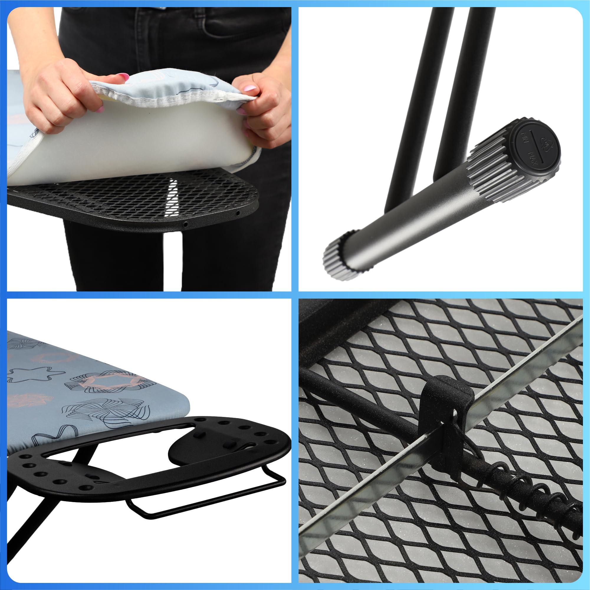 KADAX großes Bügelbrett 120x38cm - Stabiler Bügeltisch für Dampfbügelstation, klappbar, höhenverstellbar, mit hitzebeständiger Bügeleisenablage