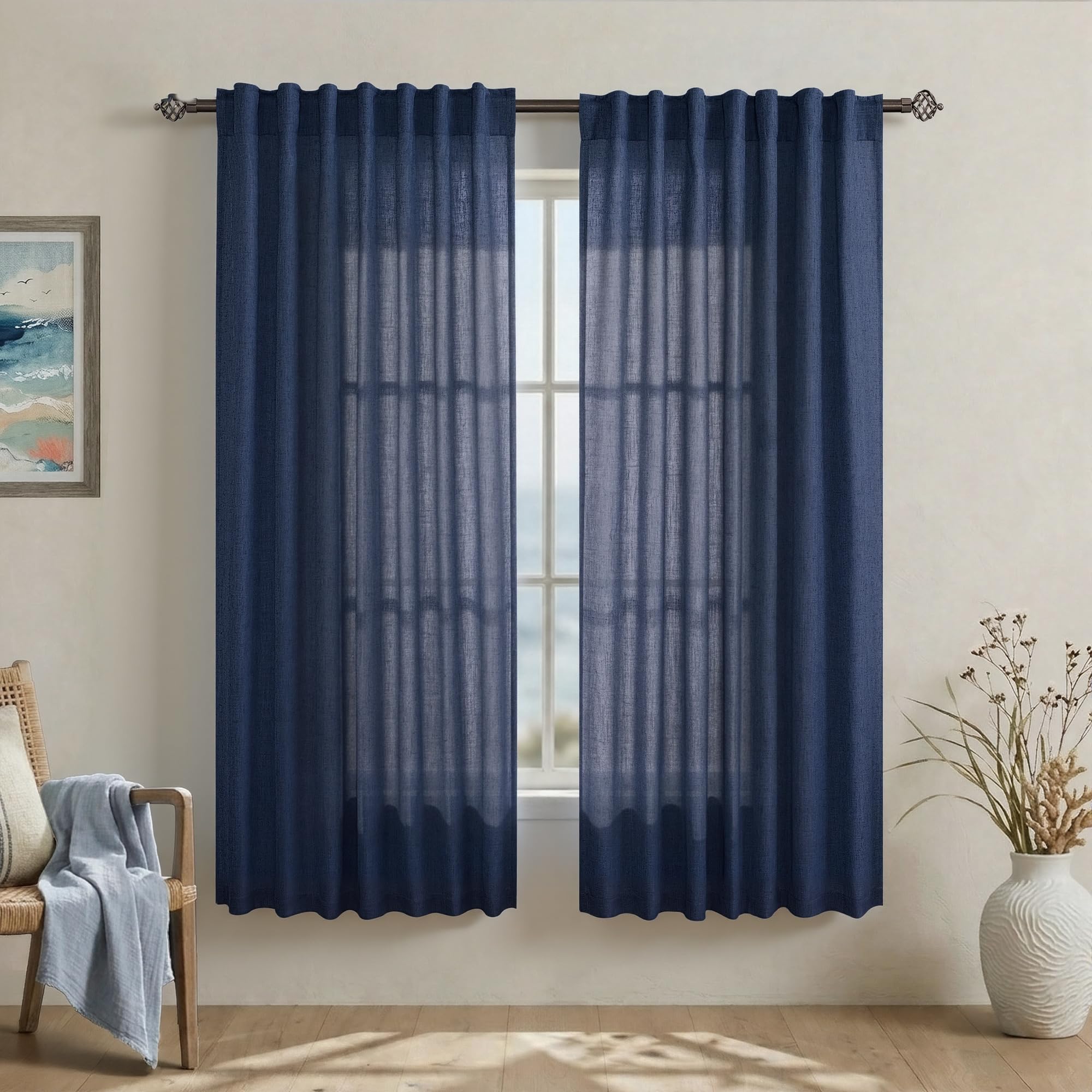 Mrs.Naturall Navy Blue Curtains for Boys Bedroom,Nautical Semi Sheer Coastal Curtains for Living Room 63 Inch Length — image 1