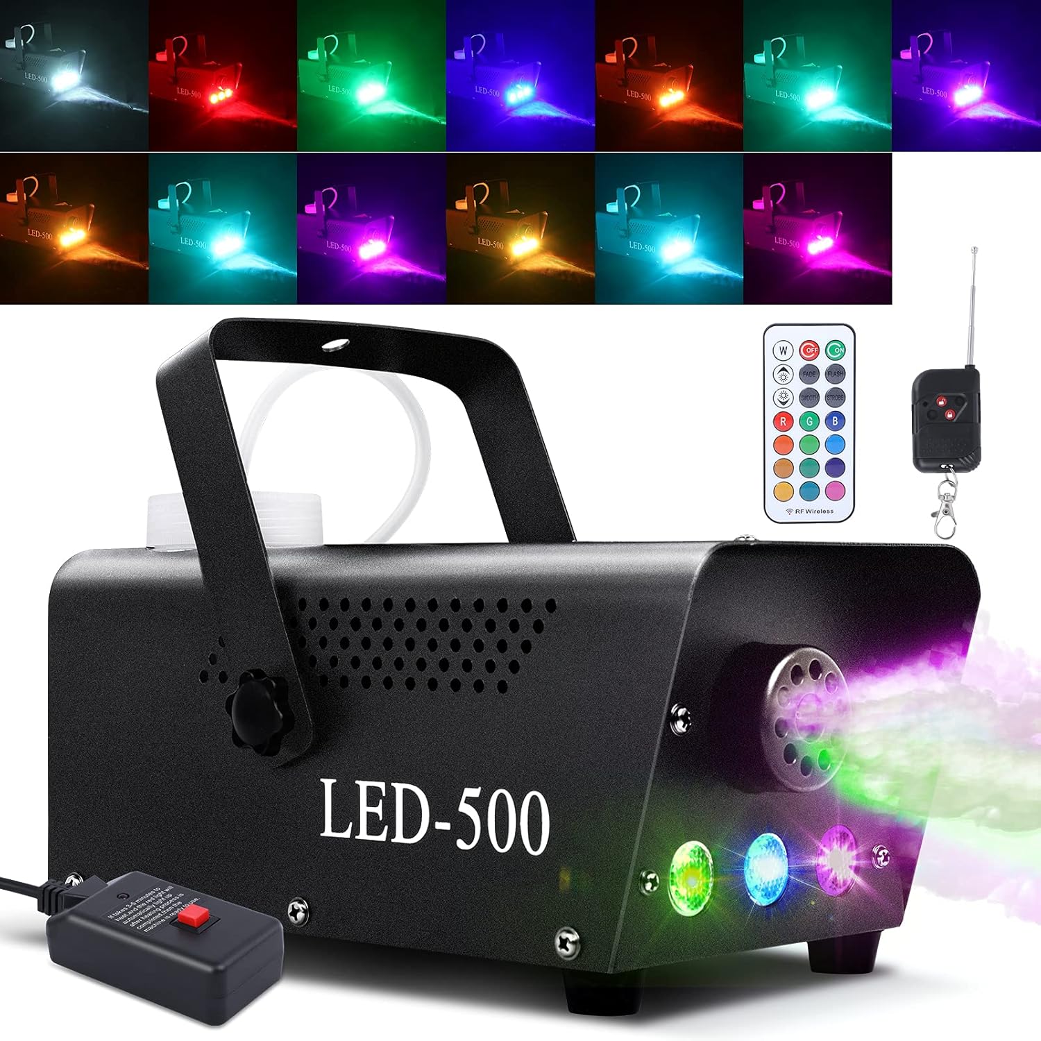 Fog Machine, Smoke Machine 13 Colorful LED Lights Effect, 500W and 2000CFM Fog with 1 Wired Receiver and 2 Wireless Remote Controls, Perfect for Halloween, Wedding, DJ Performance & Stage Effect : Musical Instruments