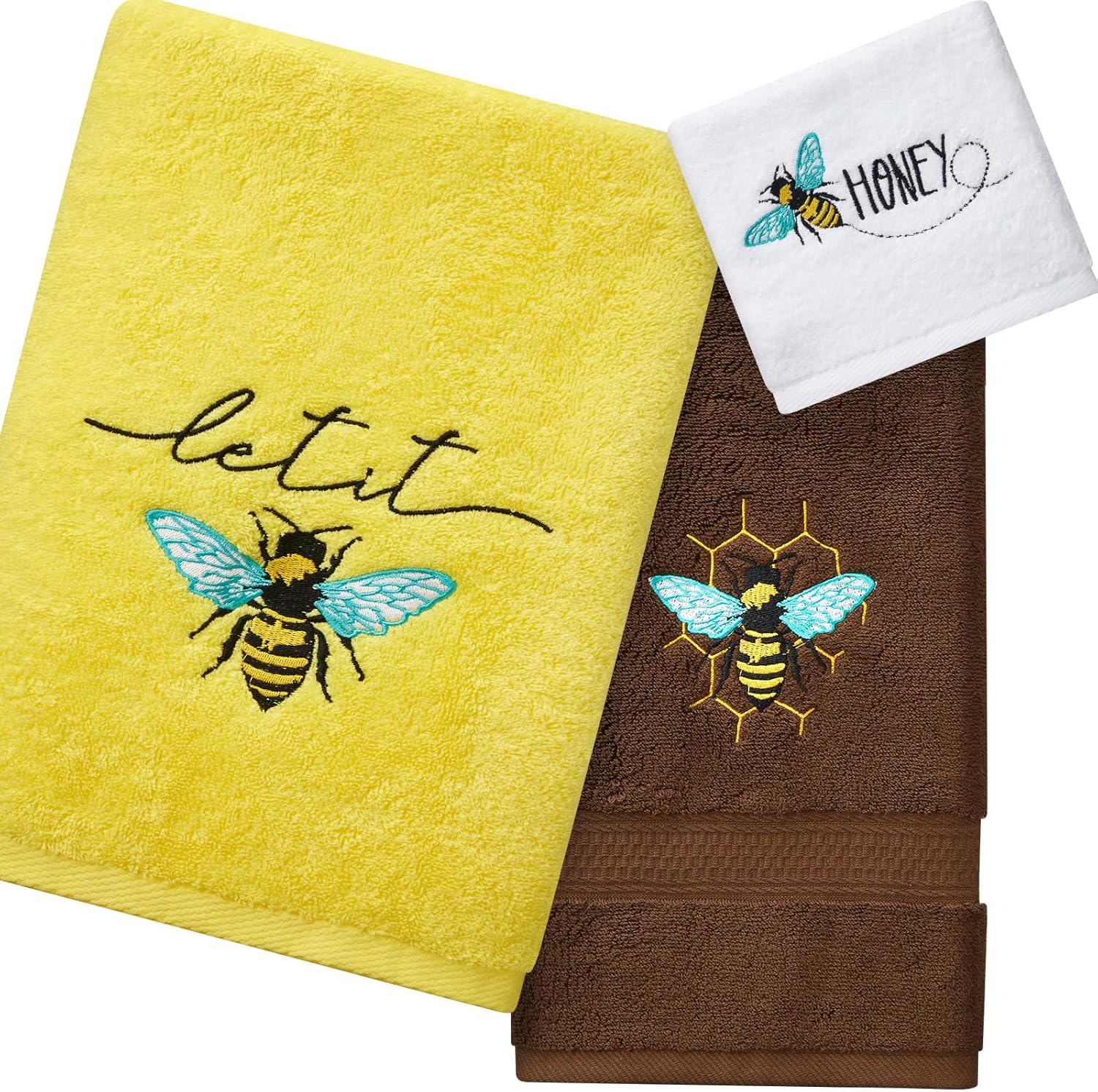 Peryiter 3 Pack Bee Bath Towels Set -Cotton Embroidered Bee Farmhouse 1 Bath Towel 1 Hand Towel 1 Washcloth for Bathroom Kitchen Decorations Country Accessories Housewarming Gifts
