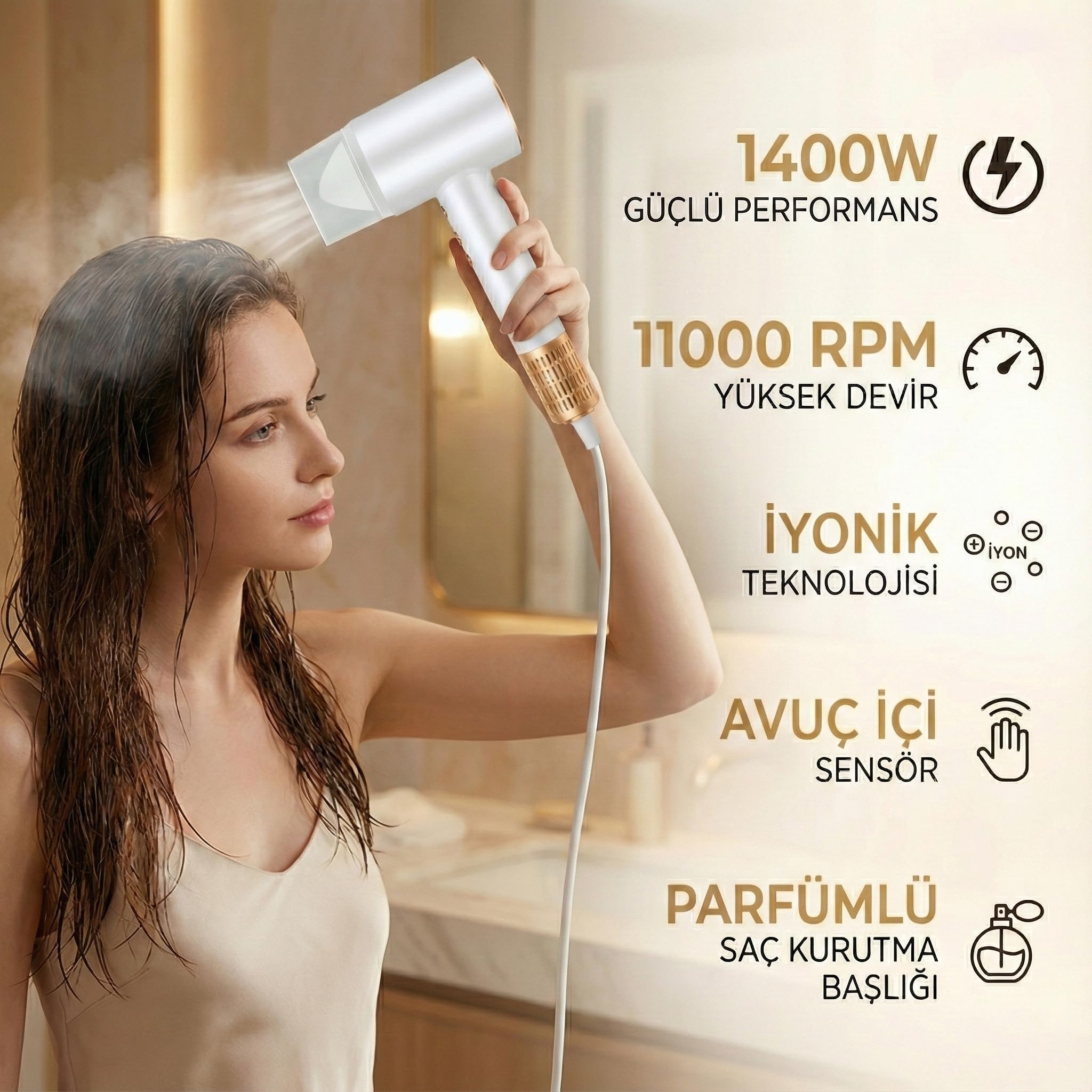 İyonik Profesyonel Saç Kurutma ve Fön Makinesi | AI Sensörlü,Parfüm Başlık ve Çantalı