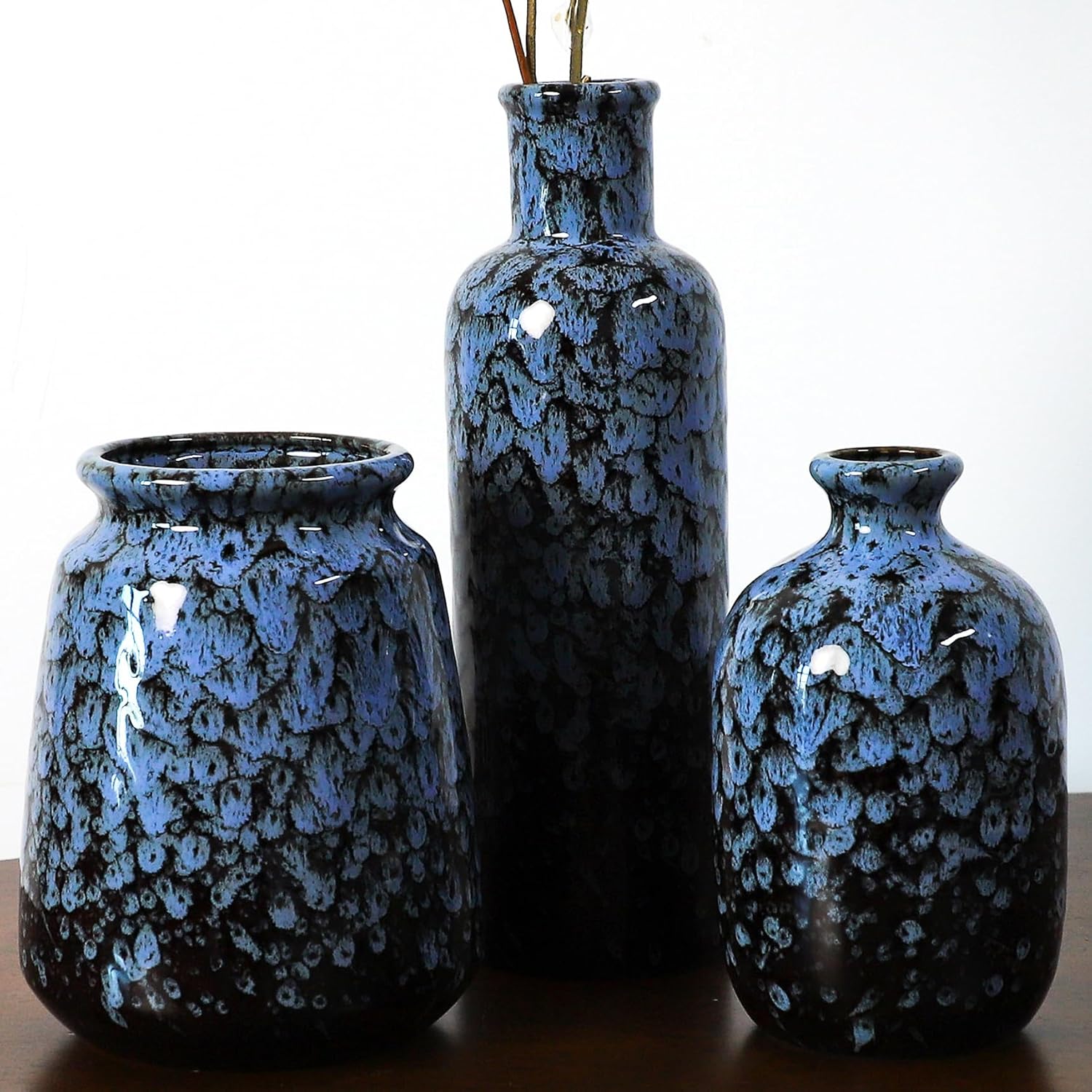 Ceramic Vases Set for Flowers, 3 Piece Pampas Grass Vase, Modern Farmhouse Boho Style Home Decor for Entryway Tables, Fireplaces, Shelves, Living Rooms and Kitchens, Navy Blue