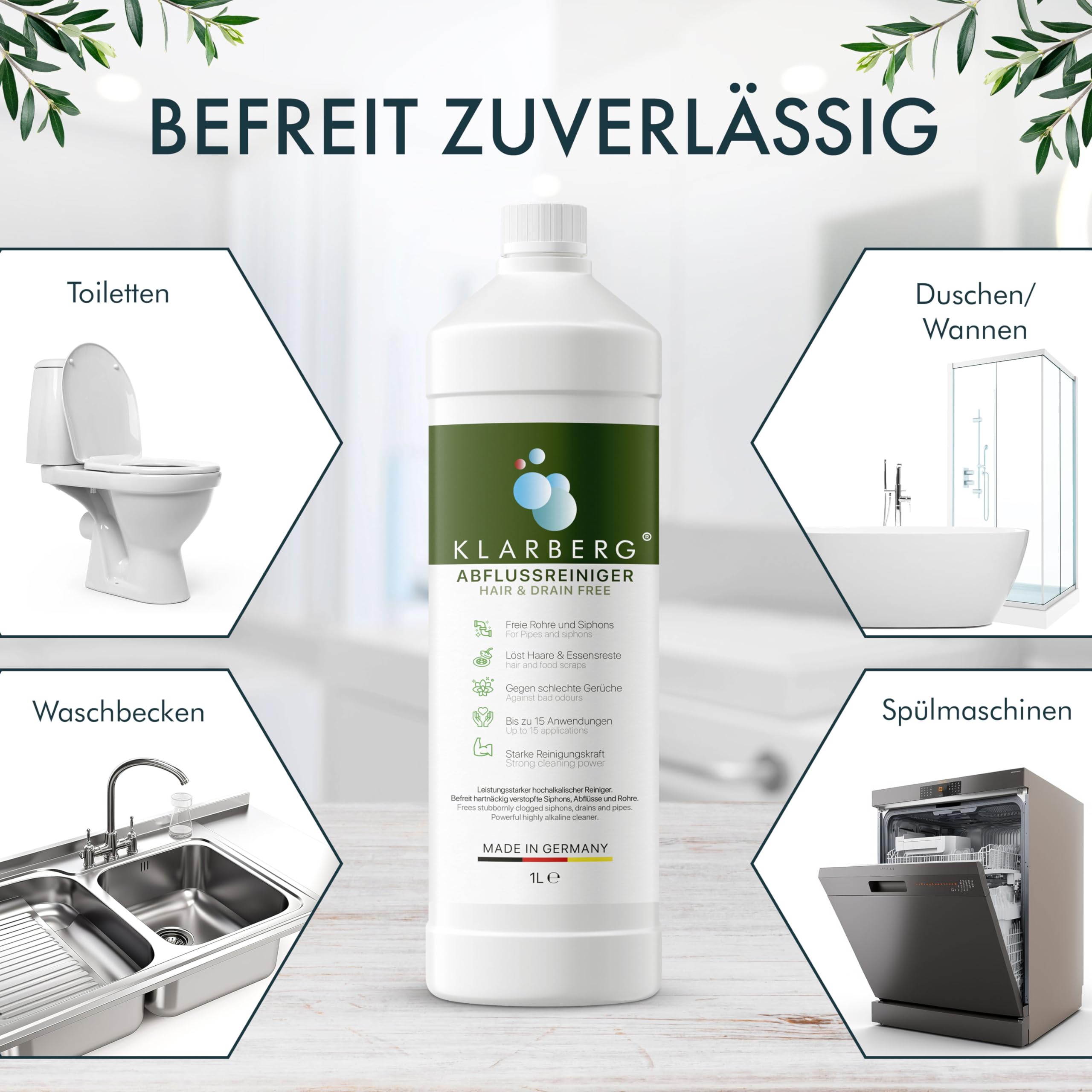KLARBERG Środek do czyszczenia rur bez odpływu – bardzo silny przeciwko włosom – środek do czyszczenia odpływów do łazienki, prysznica i kuchni – urządzenie do czyszczenia odpływów bez rur przez noc