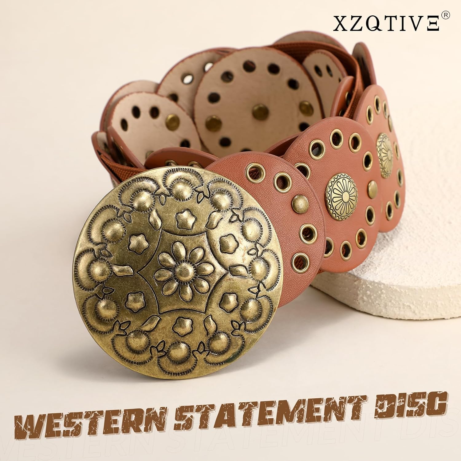 XZQTIVE Women's Western Belt with Concho Discs Adjustable Cowgirl Waist Belt Vintage Wide Disc Design for Dresses Jeans