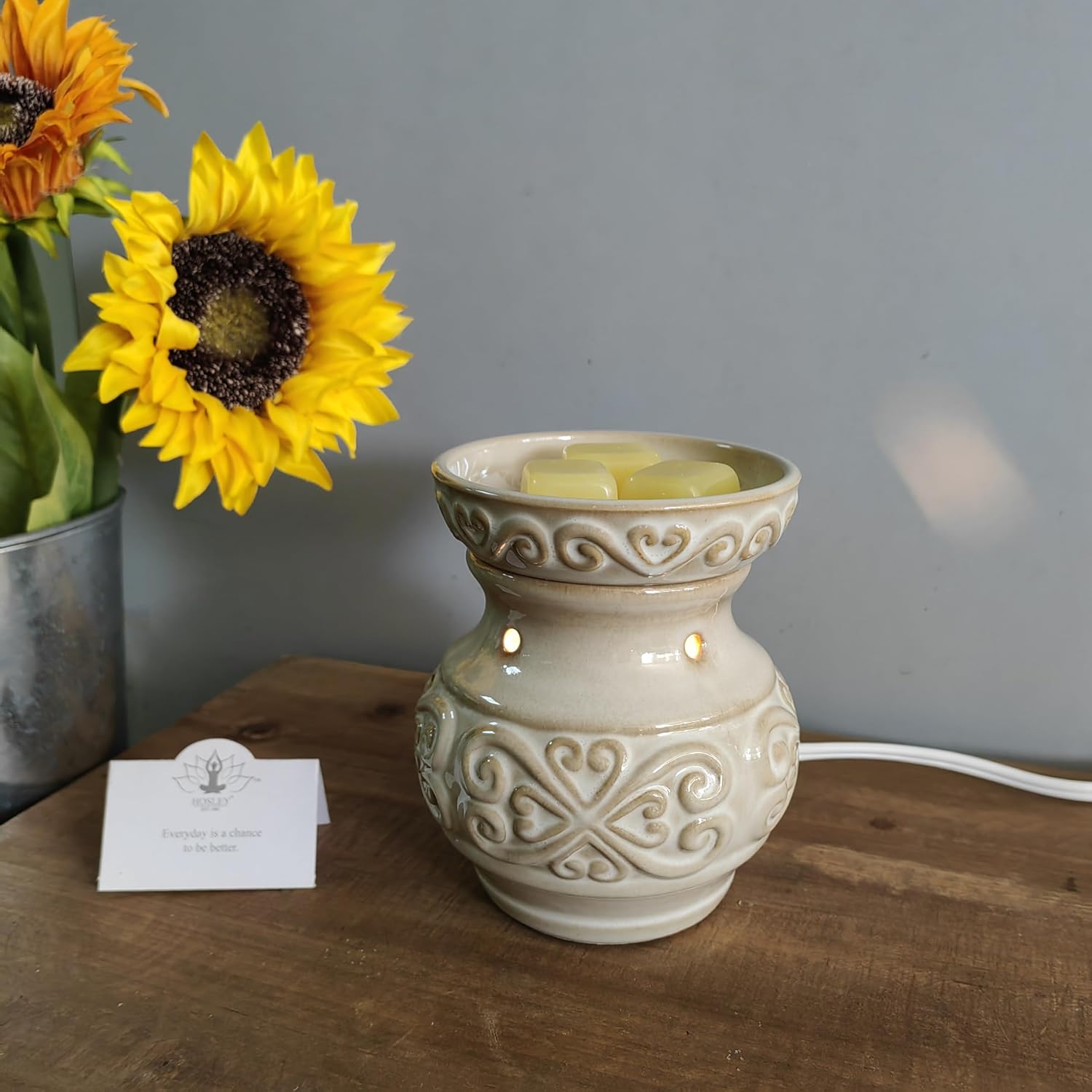 Hosley 2-Pack 5" High Cream Ceramic Electric Warmer Bundle with Set of 2 Ocean Flowers Fragrance Warming Oils 6 Ounce Bottles for Continuous Aromatic Bliss and Serene Coastal Ambiance