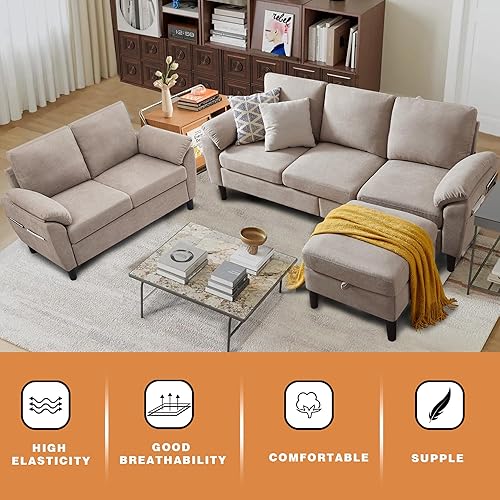 Miniatura 3 de Juego de sofá modular convertible de 80 pulgadas, moderno sofá pequeño en forma de L de lino con diván reversible y sofá biplaza, sofás de 3