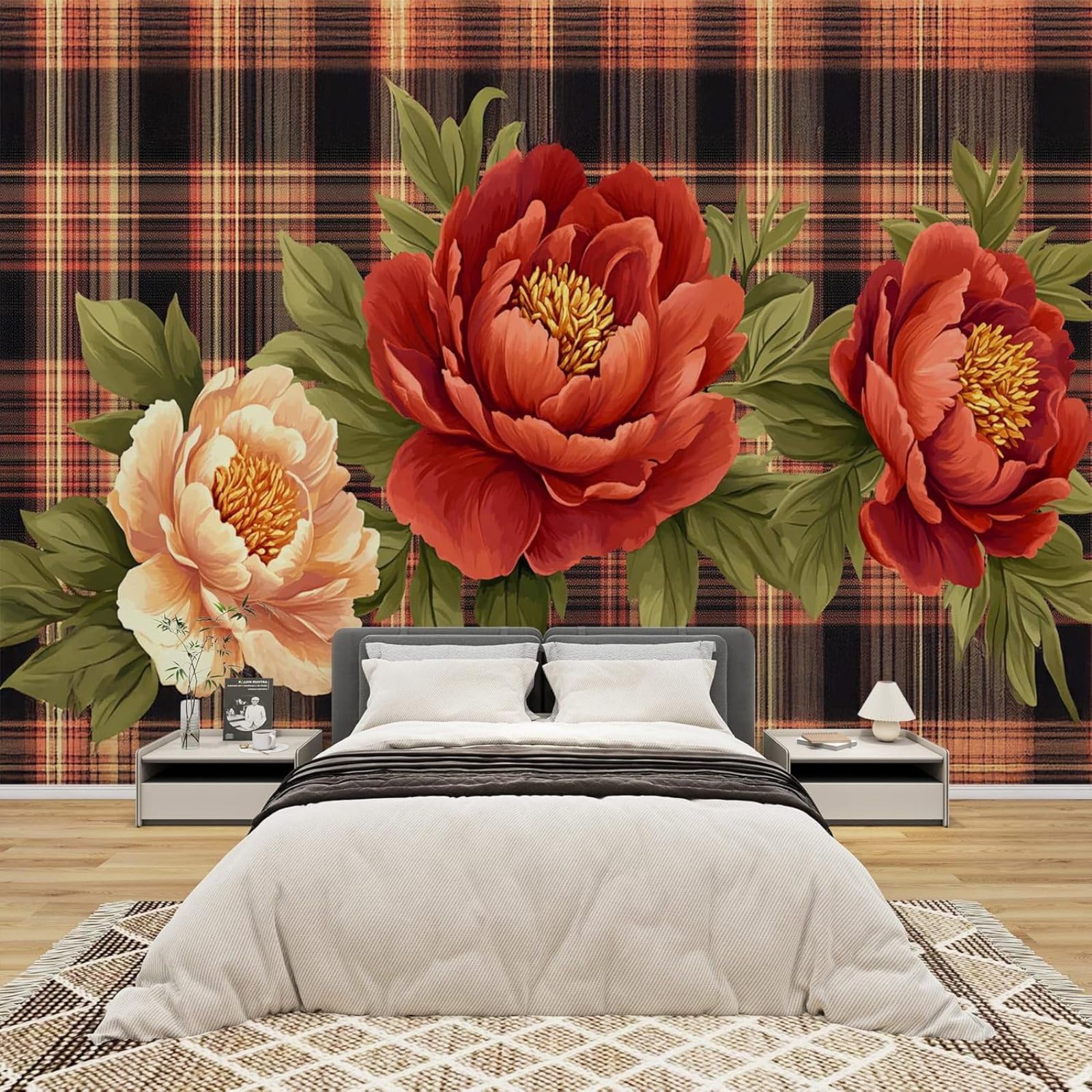 Murale fotografico - carta da parati Peonie Tartan Stile Country House Fiori Moderno Parete Soggiorno Camera da letto Camera dei bambini Decorazione murale Motivo 350cmx256cm Poster - Adesivo da paret
