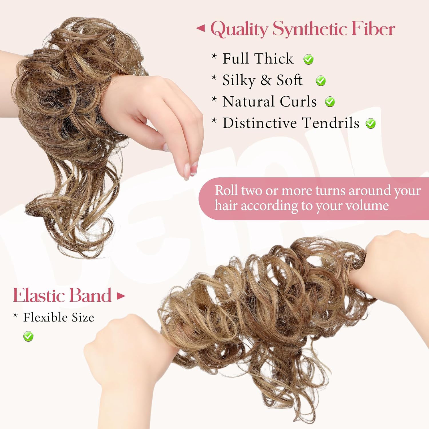 2PCS Messy Bun Hair Piece Tousled Updo with Tendrils Wavy Curly Hair Bun Scrunchies Ponytail Extension Elastic Band Hairpieces For Women (Light Brown mix Ash Blonde) - Image 2
