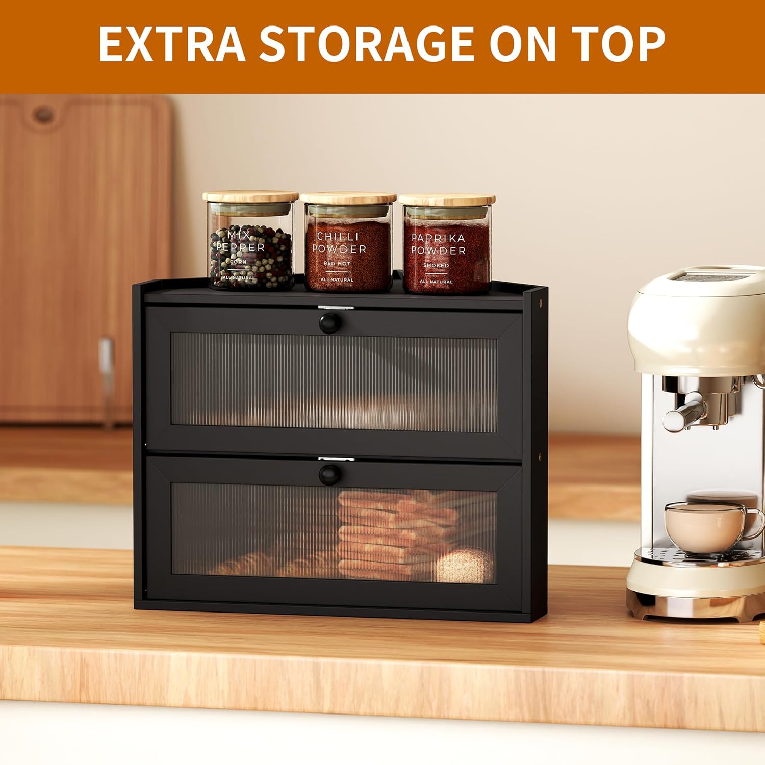 2 Tier Bread Box, Natural Bamboo Wood Bread Storage Container Cabinet with Window for Kitchen Countertop, Space Saver Handmade Sandwich Bread Keeper for Home Bakery (Black Corner Breadbox)