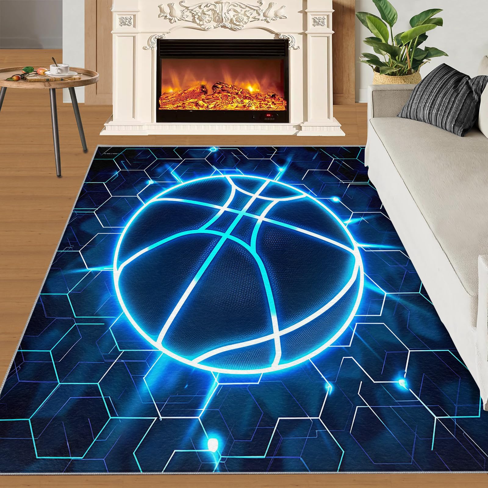 Tapis de Basket Bleu Fluo Abstrait Nid Abeille Bleu Marine Tapis de Basketball Irrégulier Rayures Hexagonales Tapis Mince pour Chambre d'Enfant Décoration de Chambre d'Adolescent 70x140cm