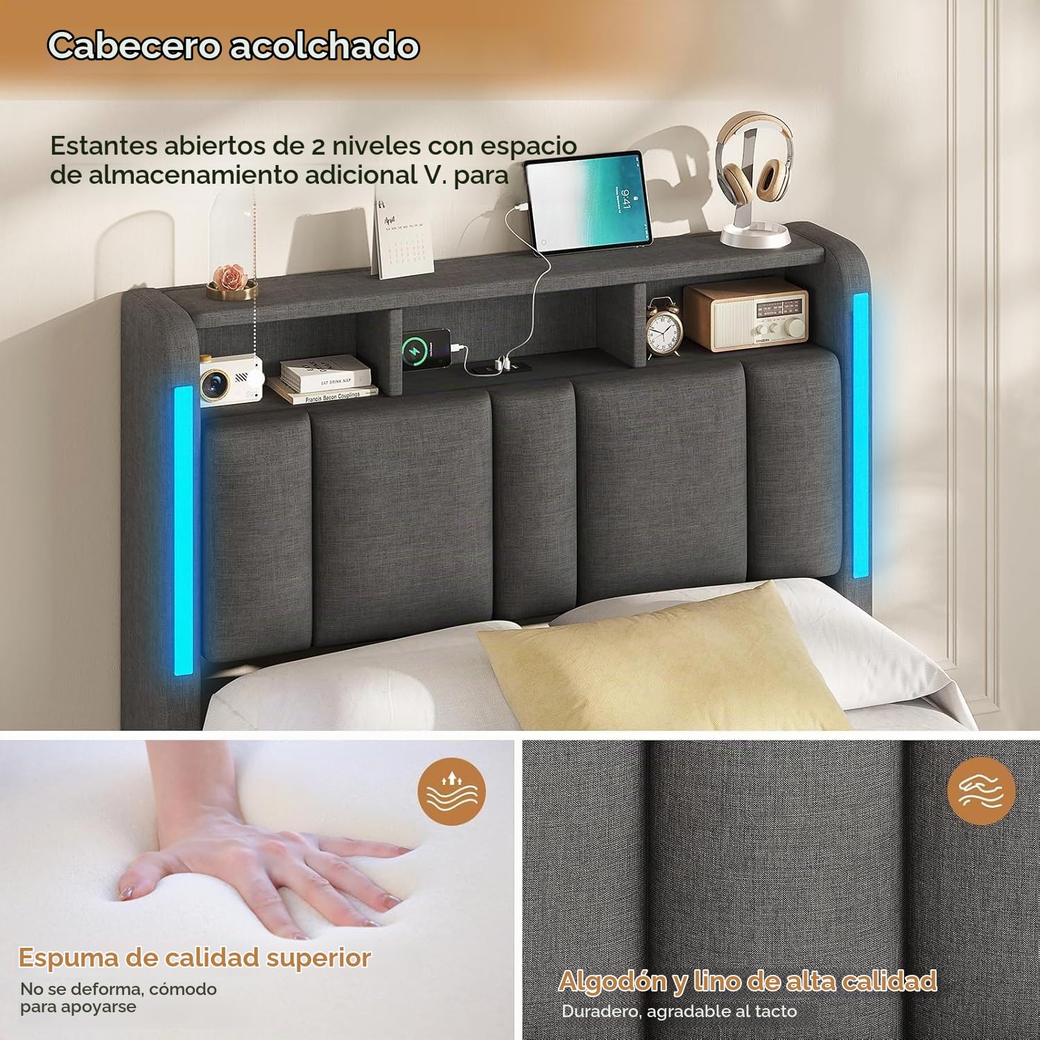 AOGLLATI Cama Individual 90x200 cm, Cama Canape con Almacenamiento Hidráulico y iluminación LED, Somier con Estación de Carga y Cabecero Tapizado, Moderno, Gris Oscuro, Sin Colchón