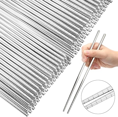 Layhit 100 pares de palillos de acero inoxidable, palillos de metal, reutilizables, aptos para lavavajillas, ligeros, antideslizantes, palillos para
