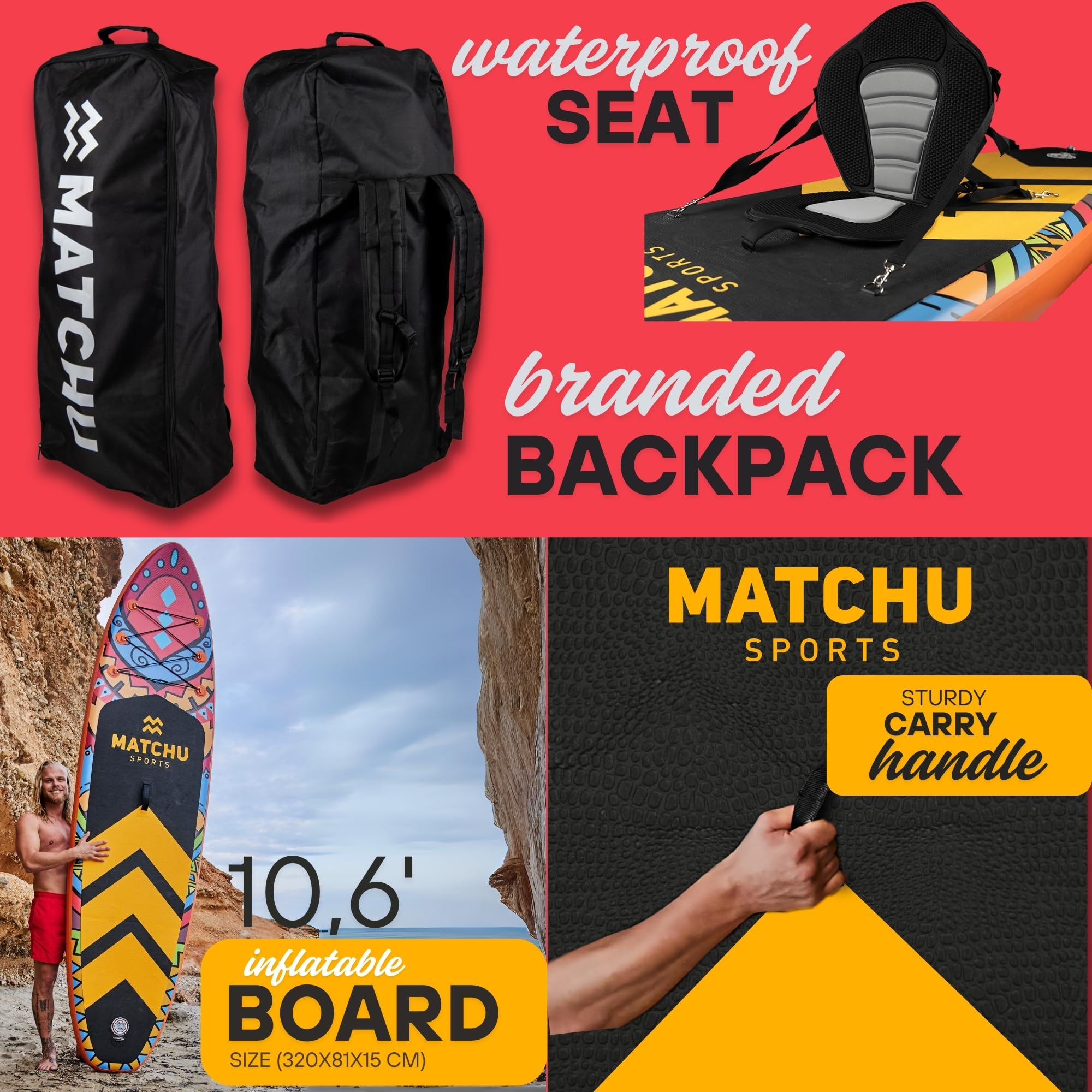 MATCHU - Sup Gonfiabile - Tavola Sup - Stand Up Paddle - Set completo - Ricaricabile - Antiscivolo - Inossidabile 320x81x15 CM - Capacità di Carico: 150 KG - Per 2 Persone - Per Adulti e Bambini