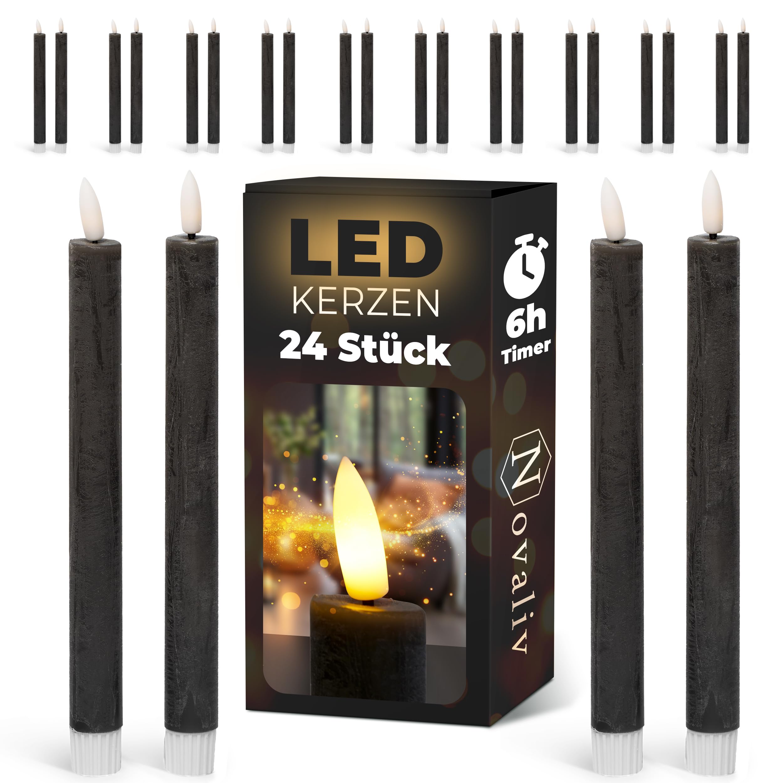 LED Stabkerzen 24 Stück ECHTWACHS SCHWARZ mit Timer Funktion 6 Stunden 24cm Höhe für Kerzen 2,2cm Durchmesser 2 AAA Batterien notwendig LED Stabkerzen 4er Set SCHWARZ (sechs Mal) bewegliche Flamme