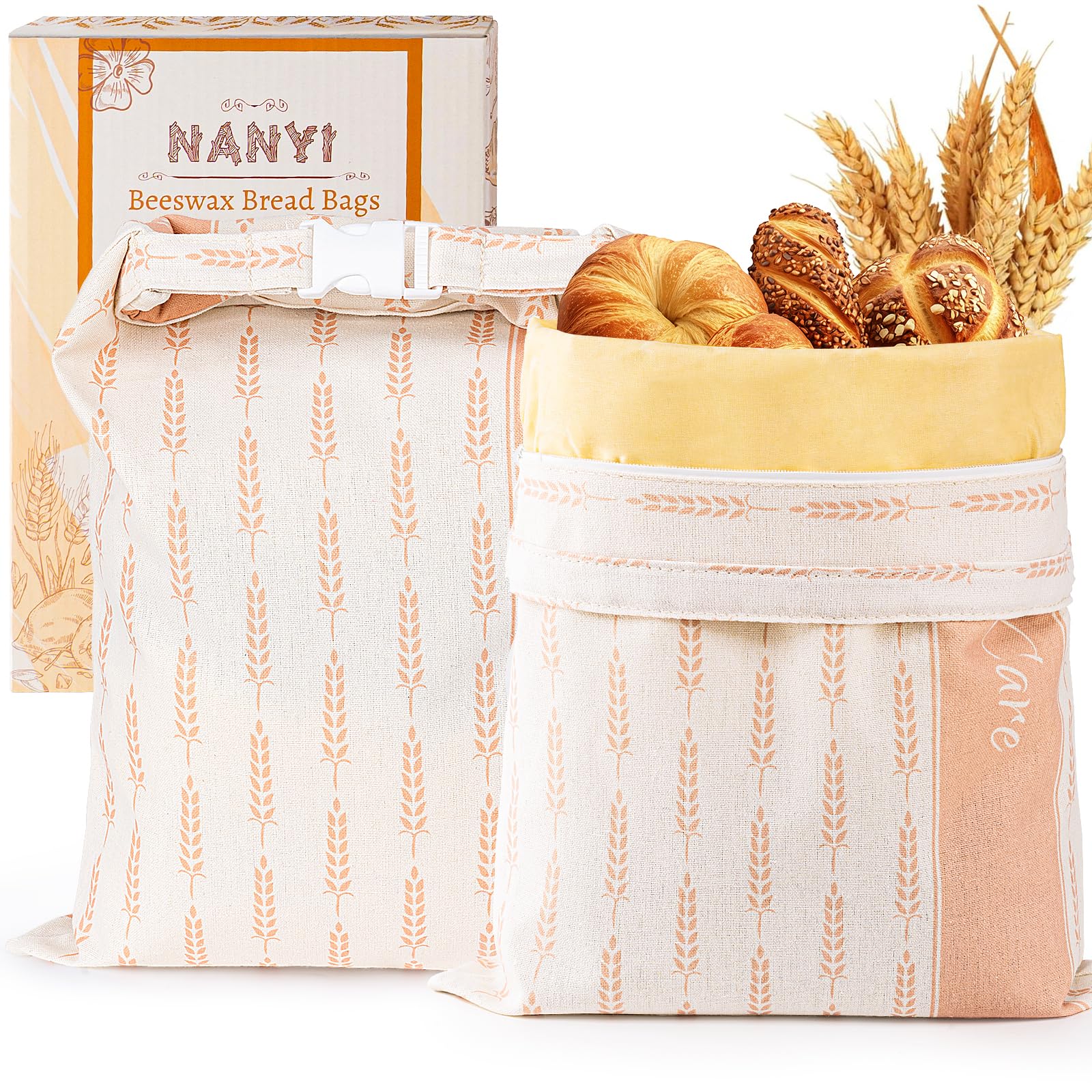 2-Pack Reusable Beeswax Bread Bags for Sourdough & Homemade Bread，Cotton Waxed Bags Keeps Fresh Longer(Amber Wheat)