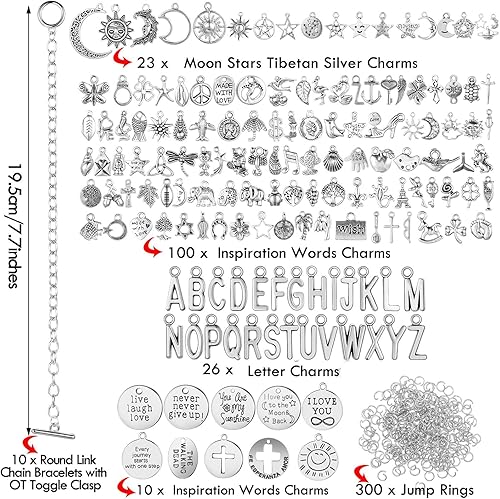 Miniatura 2 de Highergo Kit de fabricación de pulseras de 469 piezas, 10 pulseras de cadena de eslabones redondos con cierre de palanca OT, 159 dijes de plata