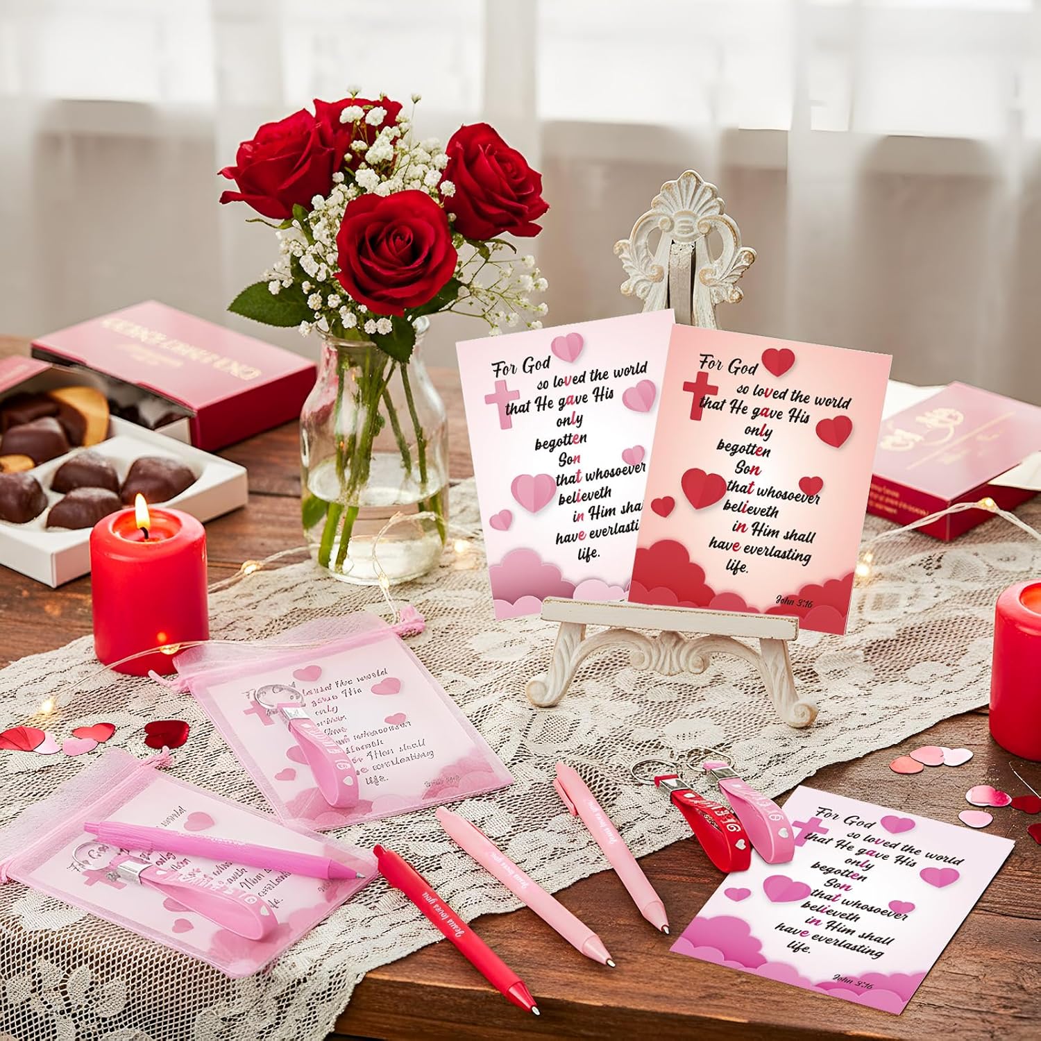 50 Set Christian Valentines Gift Bulk, Jesus Love You Ballpoint Pen Bible Verse Card Silicone Keychain Gift Bag for Church Religious Valentine Party Favor Thank Exchange - Image 5