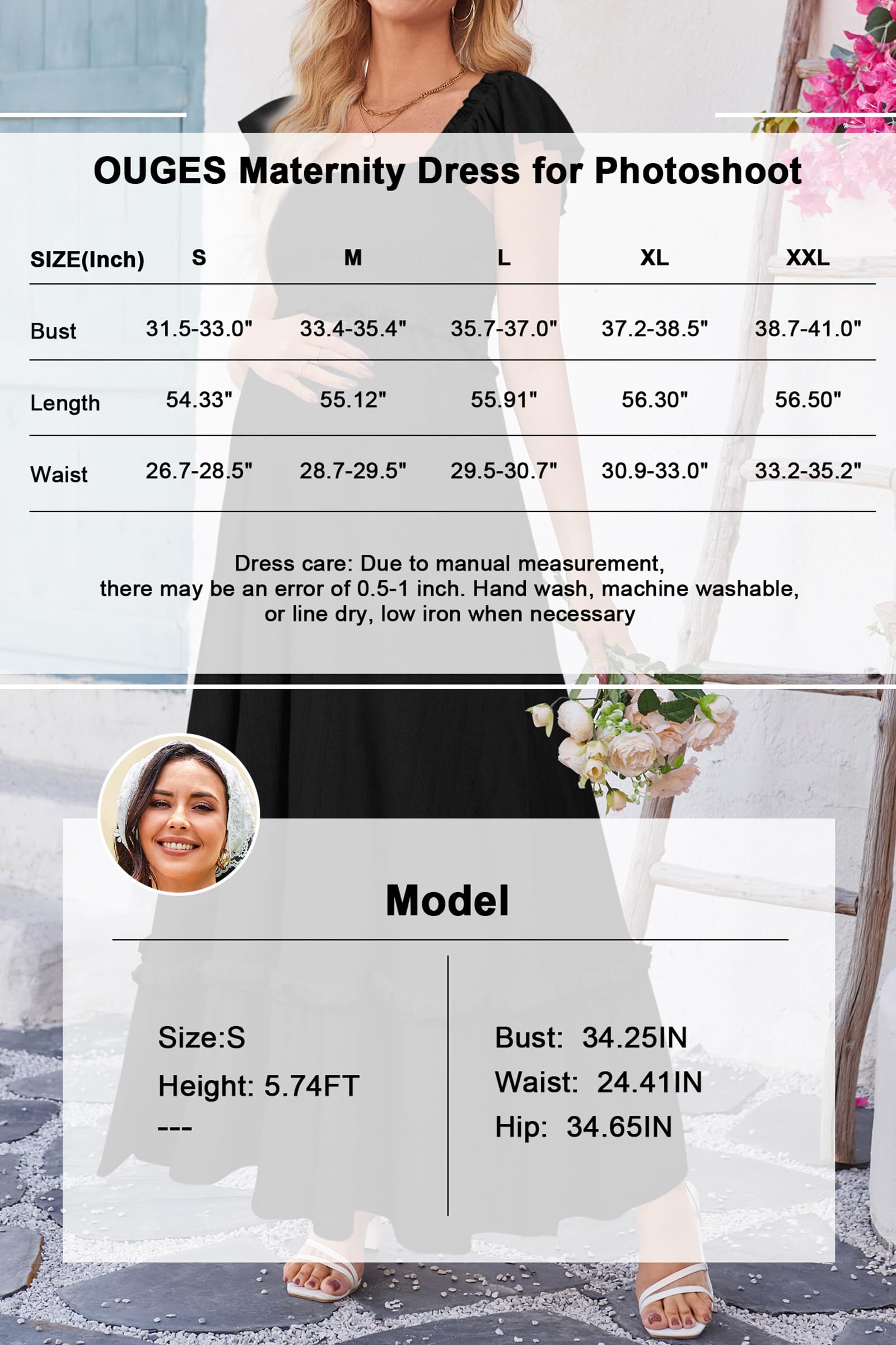 OUGES Donna Estate maternità Photoshoot Dress Boho Maxi Smocked Baby Shower Dress