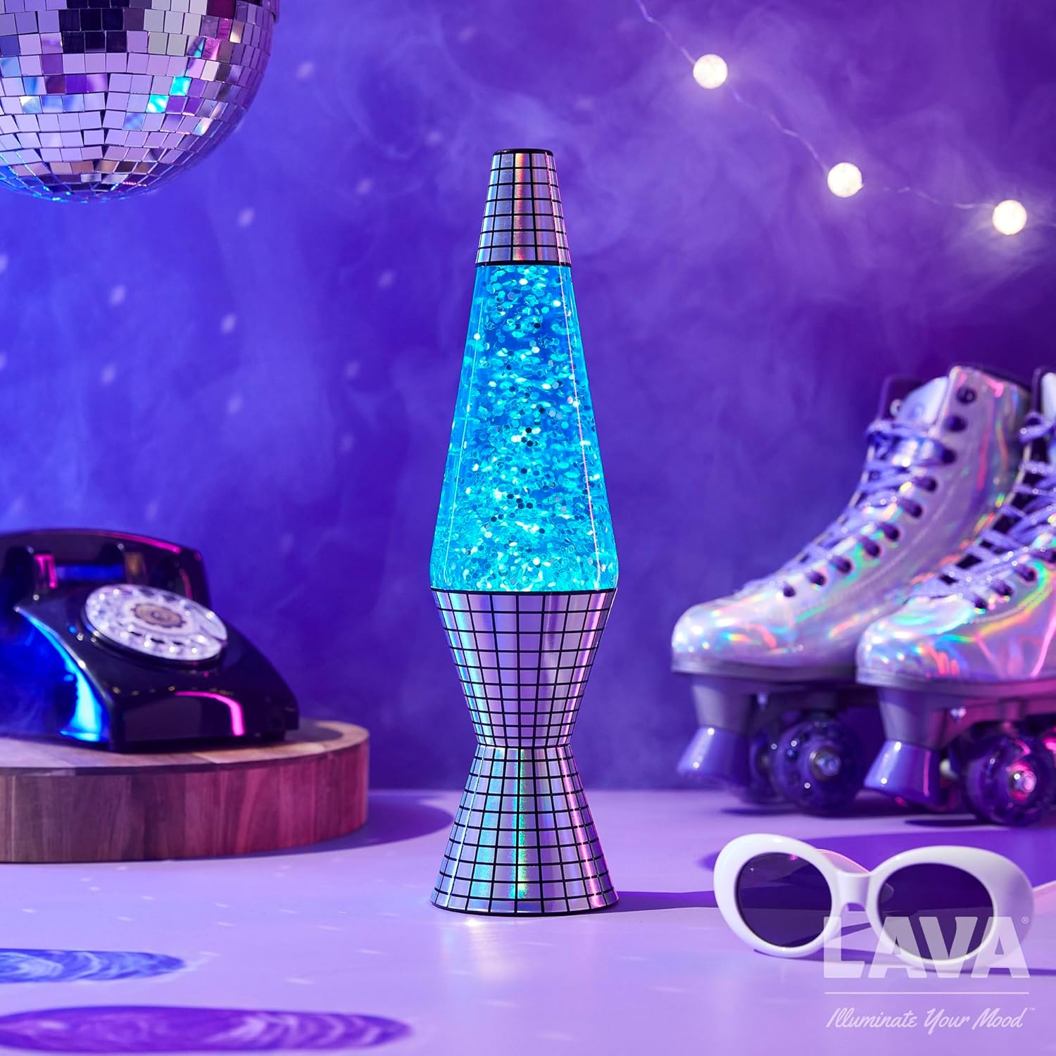 Lava® Lamp - 14.5'' Disco Fever Reflective Base - The Original Motion Light - Silver Glitter and Blue Liquid - Item #2016