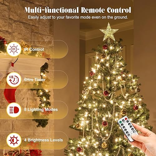 Miniatura 23 de Lewondr Decoración para árbol de Navidad, control remoto alimentado por USB, temporizador de 6 horas, estrella de árbol controlada con luces y Plata