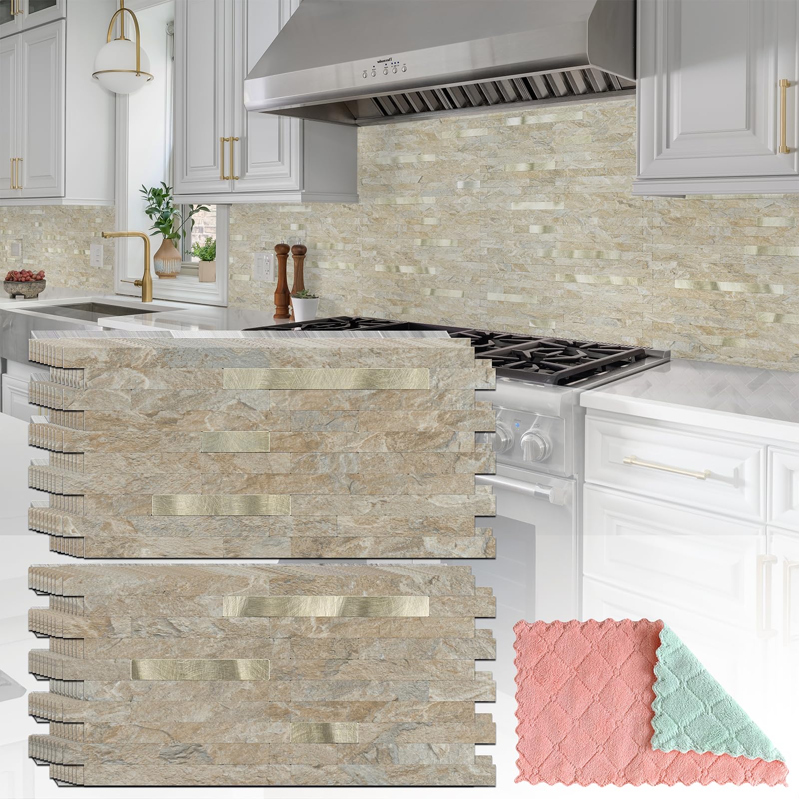 20 Sheets Peel and Stick Backsplash for Kitchen, Sandstone with Metal Gold Look Stick on Tile Upgrade Your Kitchen Backsplash, RV, Fireplace