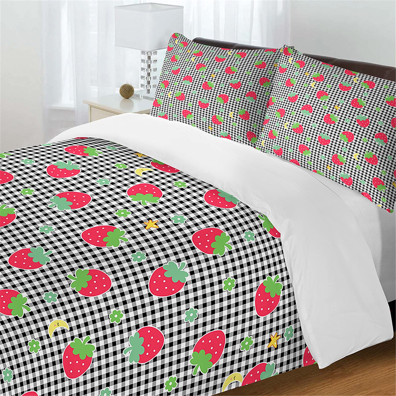 Parure de lit 3D fraise plaid noir 220x260 cm avec housse de couette et taies