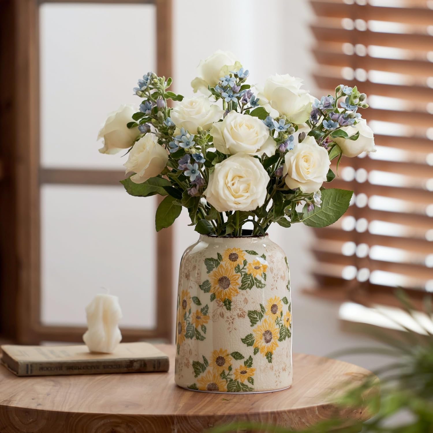 Yellow Sunflower Floral Ceramic Vase, 7.9 Inch Chinoiserie Modern Aesthetic Rustic Large Vases for Centerpieces Dining Table Kitchen Entryway Coffee and Shelf Home Décor