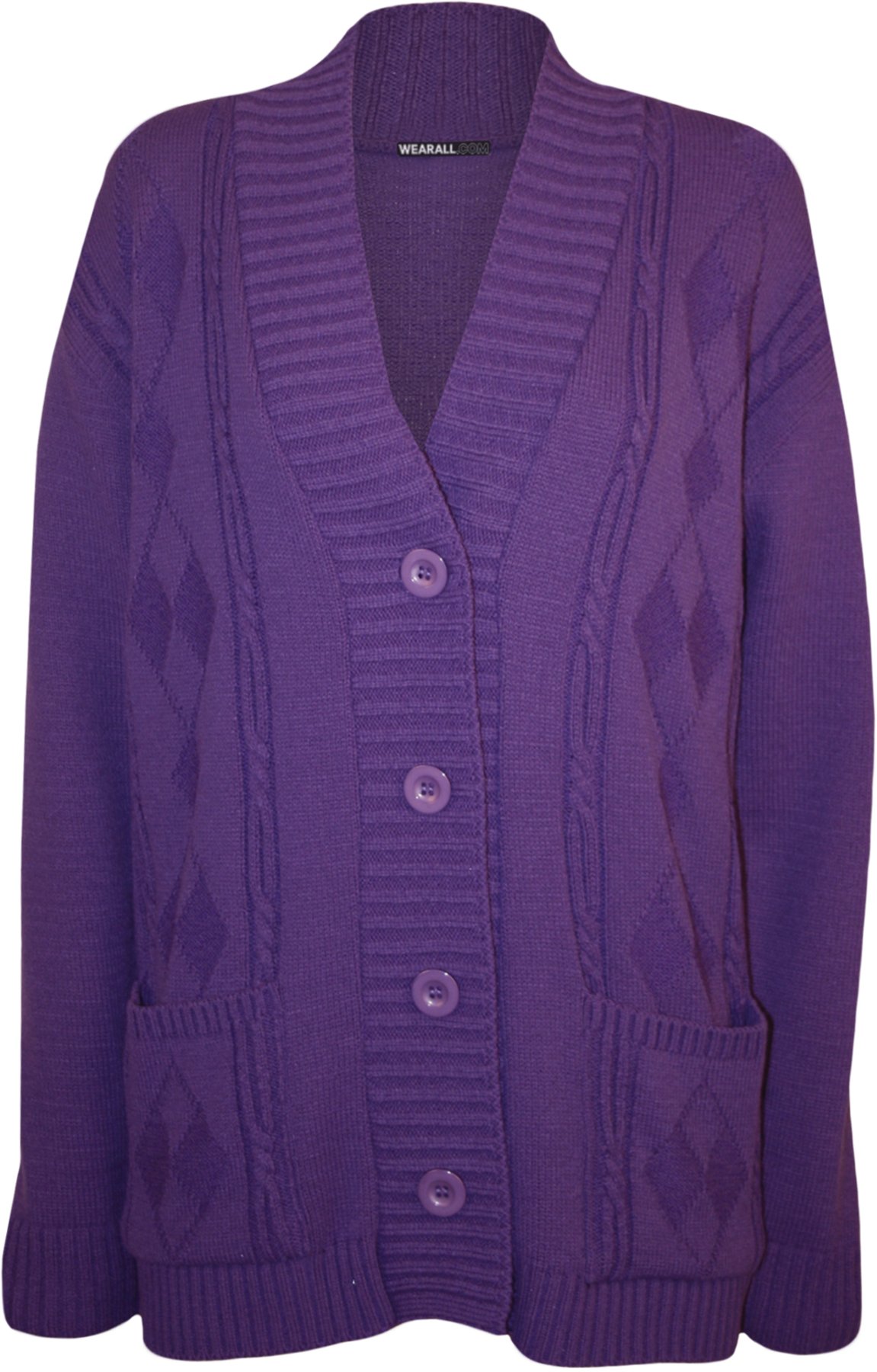 WearAll Plus Size Womens Button Long Sleeve Pocket Top Ladies Knitted Cardigan - Purple - 20-22
