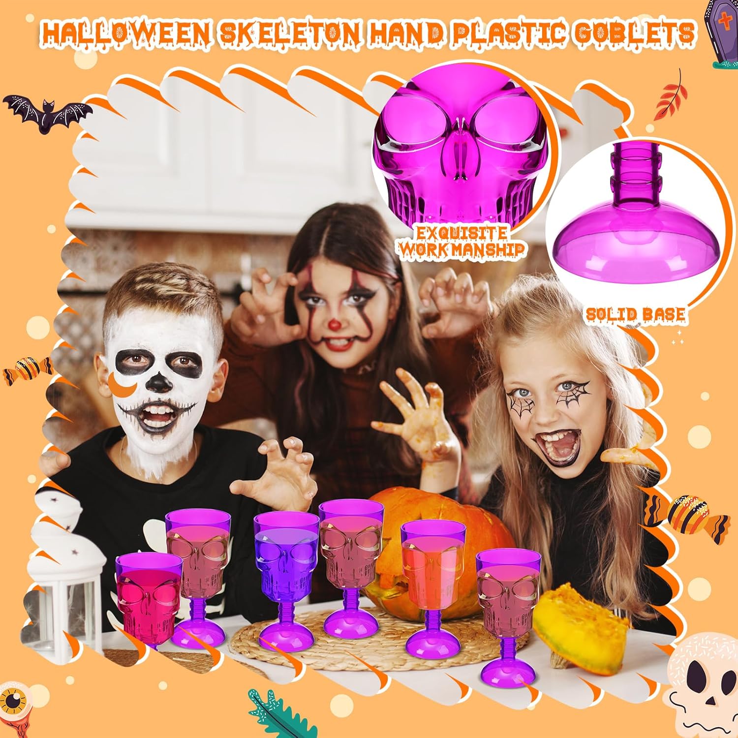 Bokon Set of 12 Halloween Cups Skull Goblets Gothic Party Table Decorations Plastic Wine Goblet Halloween Party Supplies Skeleton Themed Centerpiece (Purple)