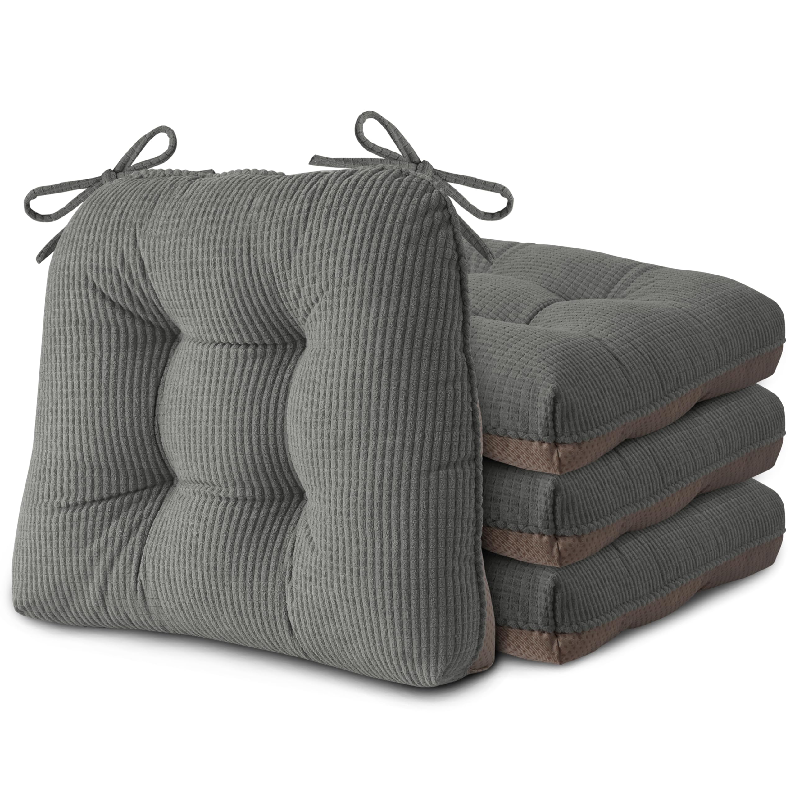 AddGrace Chair Cushions for Dining Chairs Set of 4 Non-Slip Kitchen Seat Cushion Soft Dining Room Seat Pads with Ties 40cm x 40cm x 8.5 cm Grey