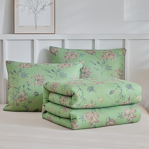 VM VOUGEMARKET Girls Green Floral Full Comforter Set Boho Soft Microfiber Bedding Comforter Set 1 Green Flower Comforter and 2 Pillowcases Chic Vintage Garden Botanical Comforter Set 80"x90" - # Lilly - Full Comforter (80"x90")