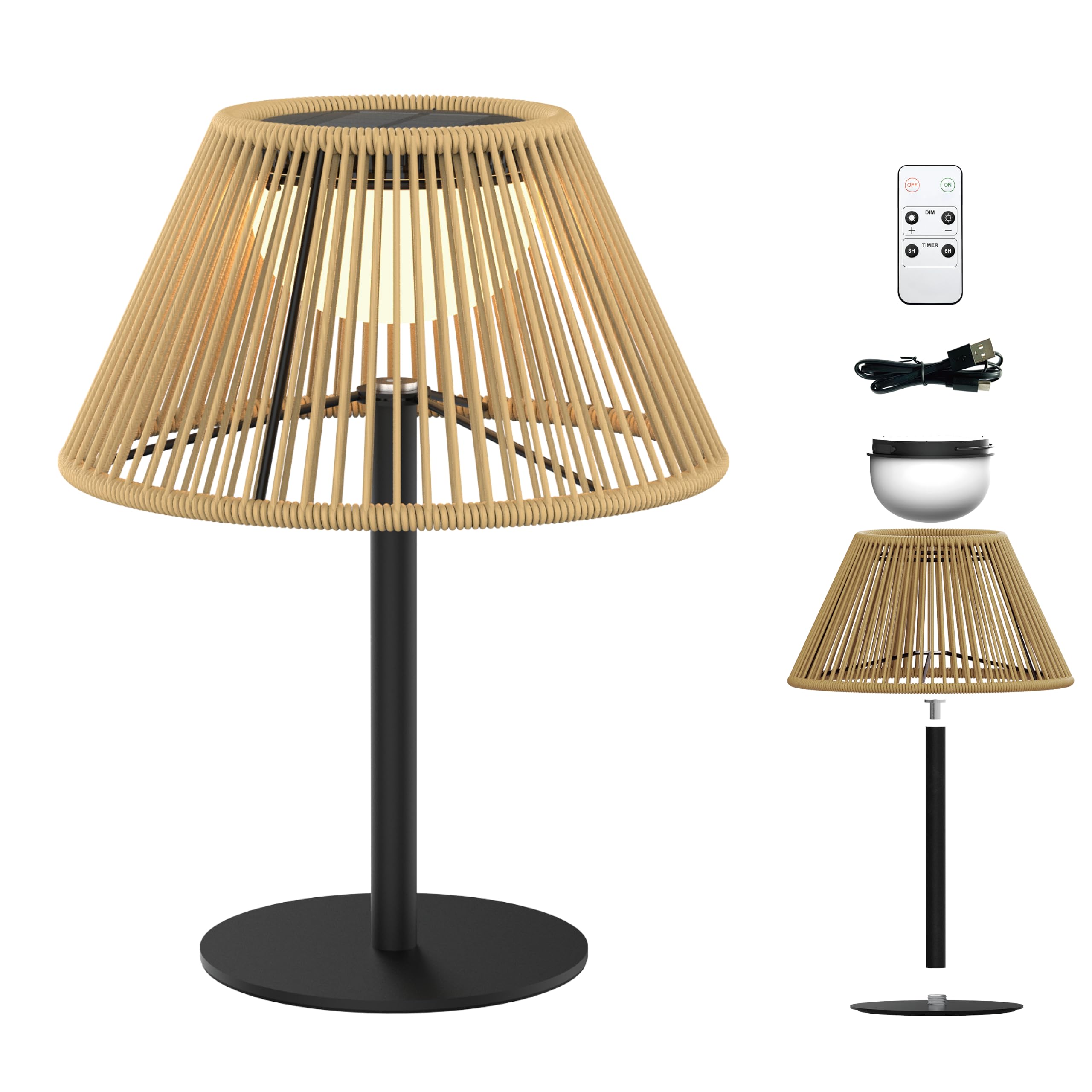 Lampade da tavolo solari - Telecomando incluso - Modalità dimmerabile e timer - Batteria ricaricabile che dura fino a 45 ore - 2700K - Resistente alle intemperie IP44 - 2pk