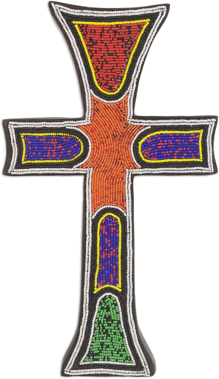 NOVICA Handmade Beaded Wood Cross Byzantine Style Wall Ghana Multicolor Decor Art Christian Cultural 'Bless My Home'