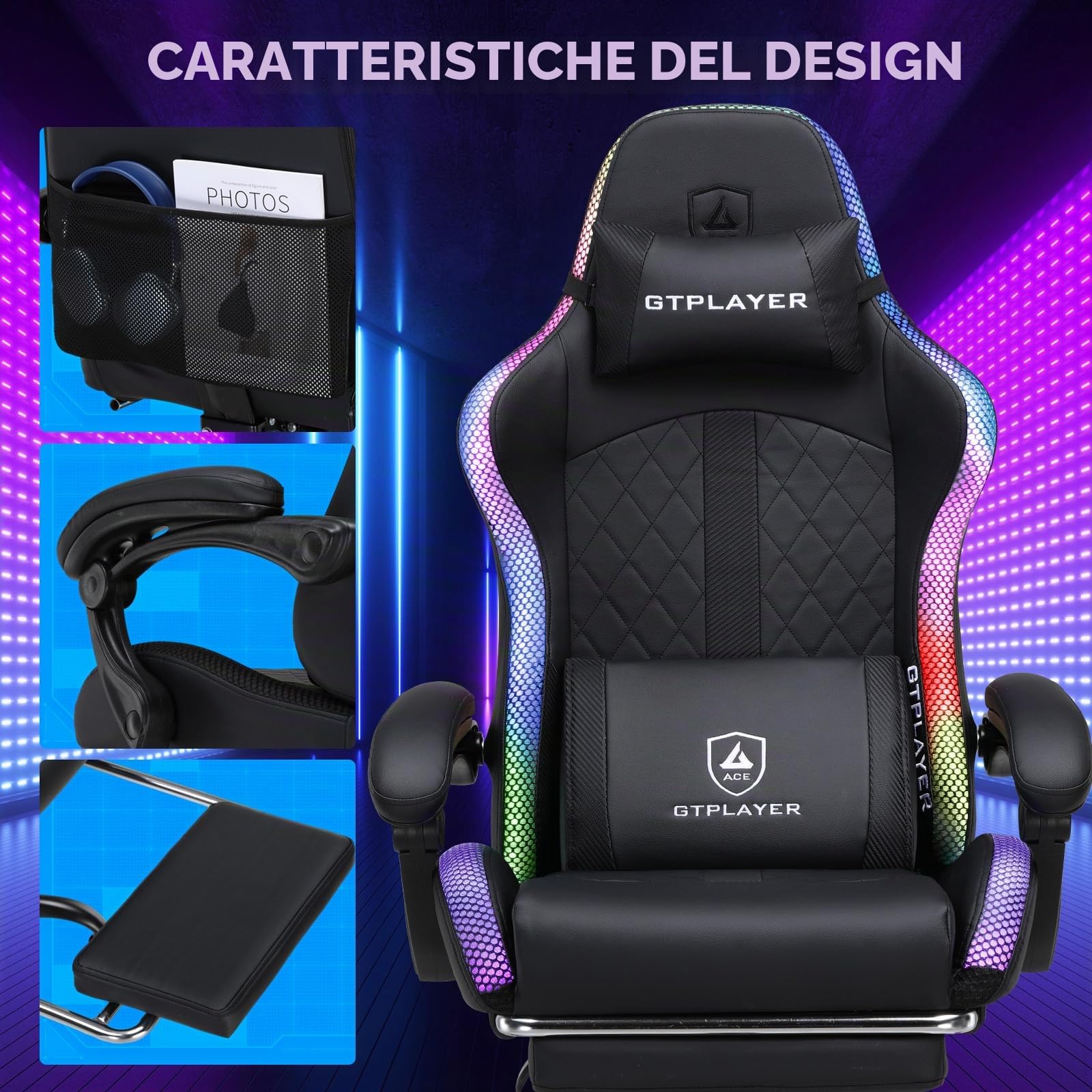 GTPLAYER Sedia da gioco, sedia da ufficio, sedia da gioco con altoparlante e barra luminosa, sedia da giocatore, schienale con custodia, sedia ergonomica PC con telecomando
