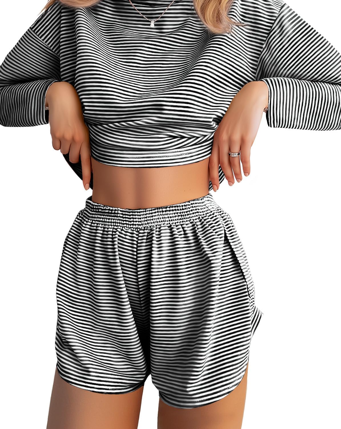 JUSTFASHIONNOW Womens Pajama Sets Striped Two Piece Lounge Sets Long Sleeve Top and Split Shorts Print Sleepwear Comfy Pjs