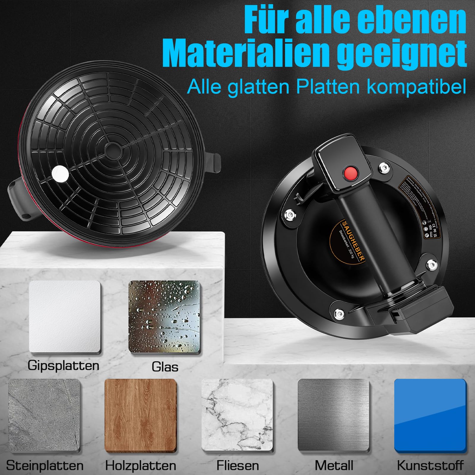 Sollevatore elettrico a batteria per piastrelle, 200 mm, con 4 batterie da 3000 mAh, LCD Didplay, potenza di aspirazione 200 kg, per vetro, marmo, piastrelle, set da 2