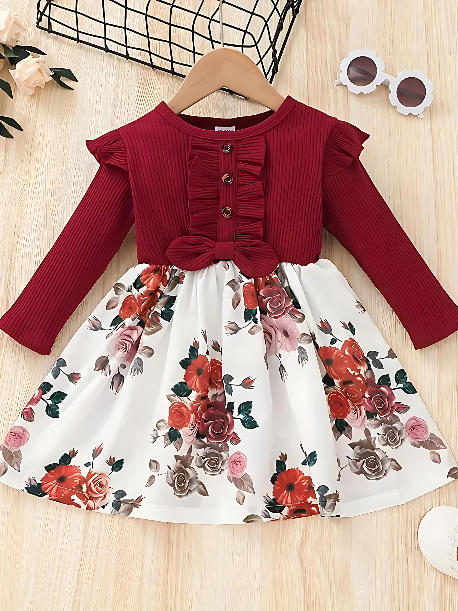 Buy & Try by Dharmikaay Girl's Lycra Floral Printed Frock Dress for Girls Short Frock Baby Princess Western Dresses| Stylish Fancy Kids Clothing for Festival, Birthday, Fashion. 1-2 Years - Image 3 thumbnail